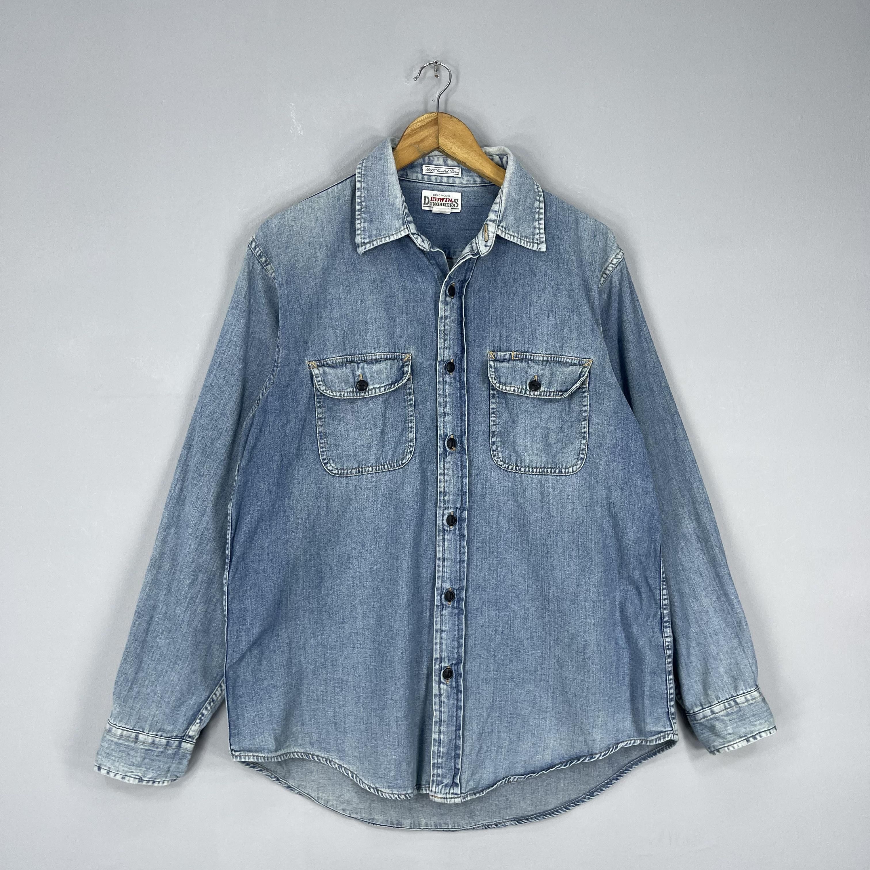 Edwin Vintage EDWIN Dungarees Workers Denim Shirt Button Up Size US L / EU 52-54 / 3 - 3 Thumbnail