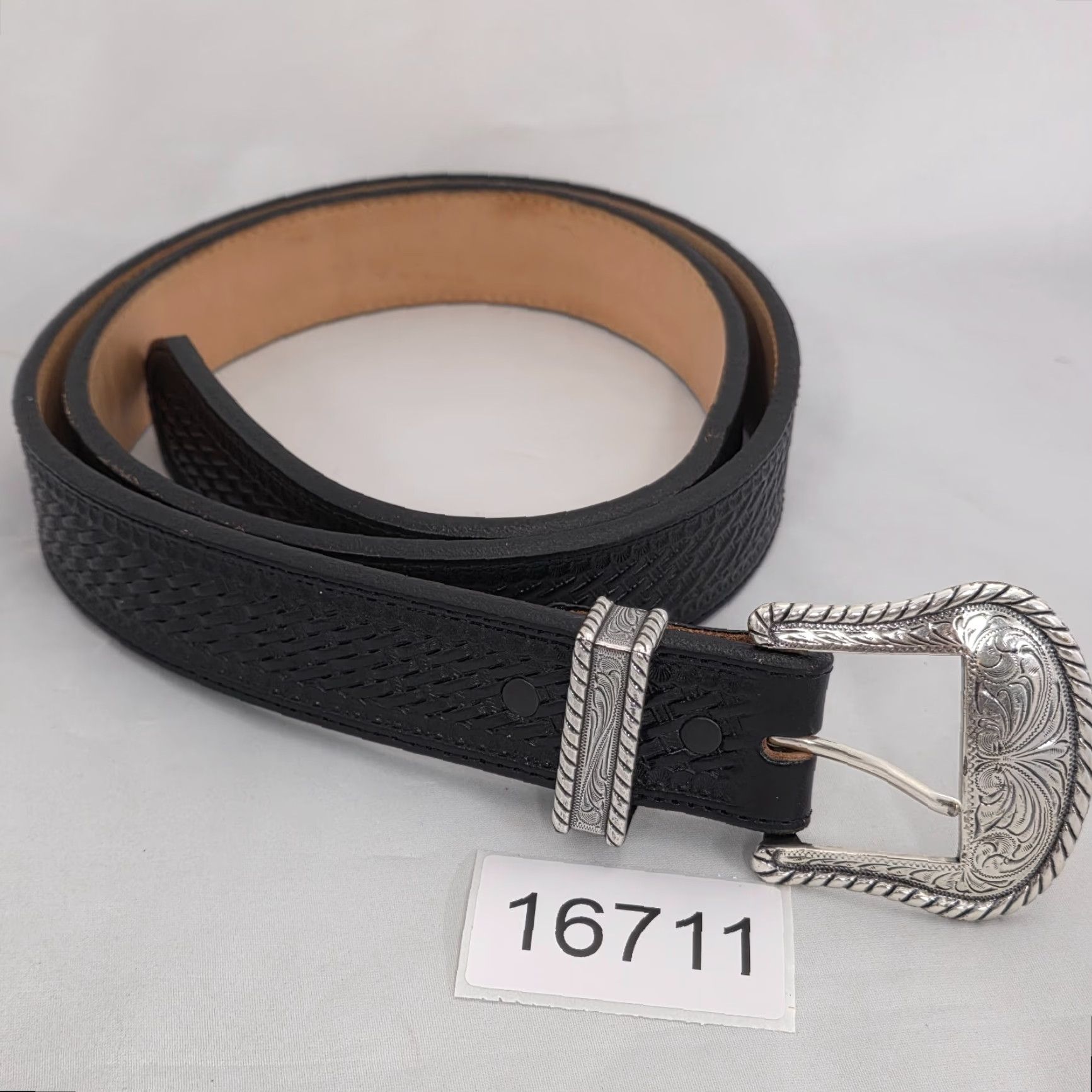 Vintage Justin Men's Bronco Western Belt Basketweave Leather Black 44 1-1/2" Buckle Classic Cowboy Style Size 44 - 7 Thumbnail