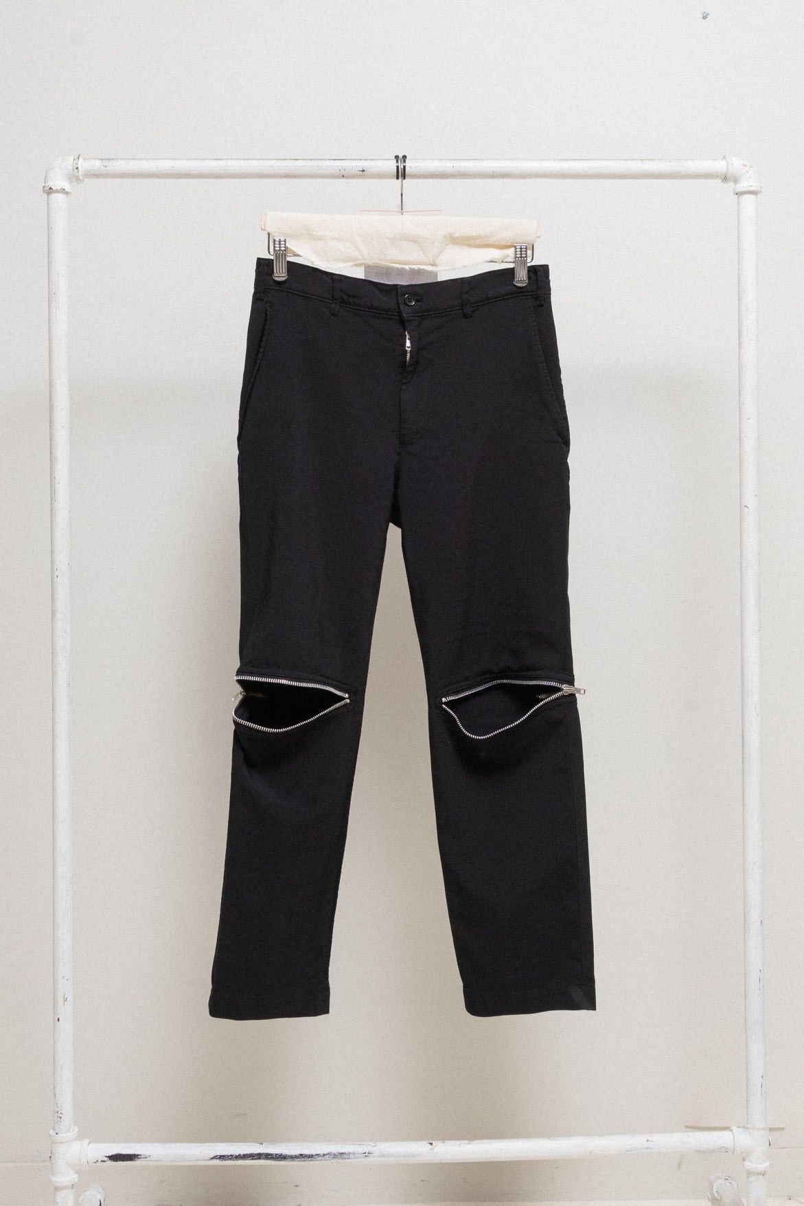 Straight poly pants with leg zippers