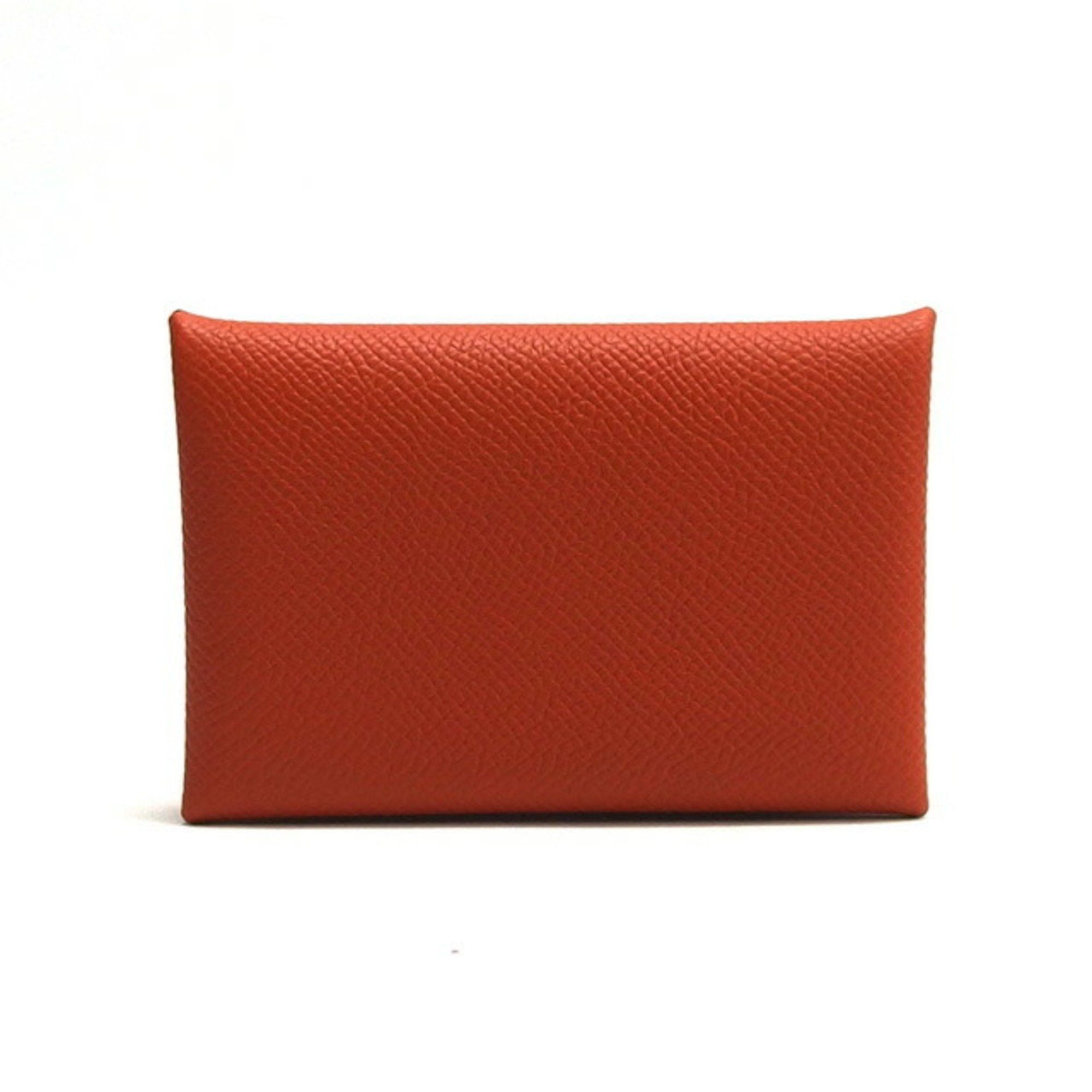 Hermes Calvi Card Case Coin Purse Orange, Women's