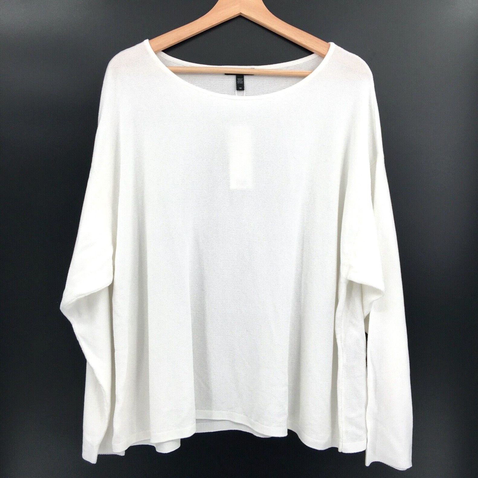 image of New Eileen Fisher Jewel Neck Box Sweater White Long Sleeve Tencel Plus 1X Top, Women's (Size XL)