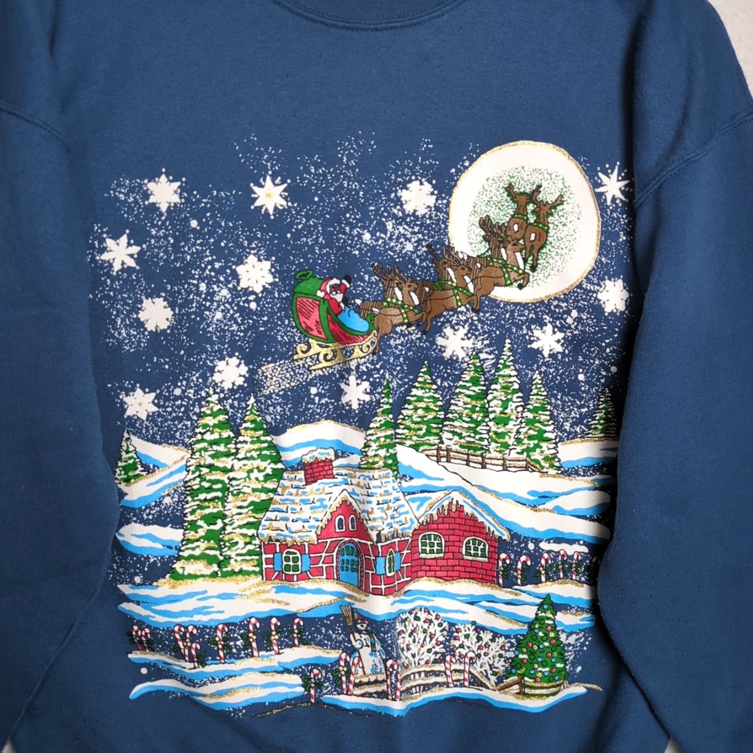 Vintage VINTAGE MC Sports Christmas Santa Reindeer Sweatshirt Women’s Medium Blue Crew Neck Long Sleeve Pullover Holiday Snowman Graphic Print Easy Care Size M / US 6-8 / IT 42-44 - 4 Thumbnail