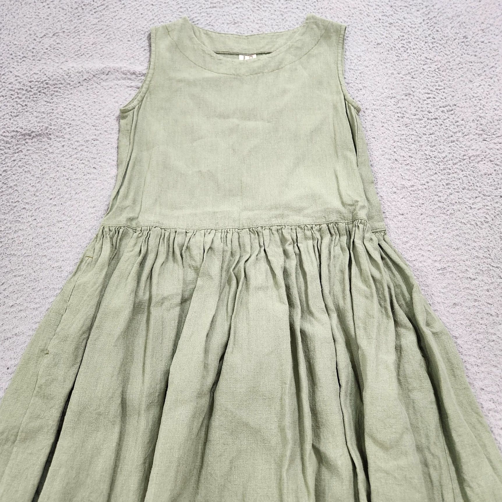Len Ok Linen Dress Womens XS Green Ribbed Pockets Boho Tulpan Pullover