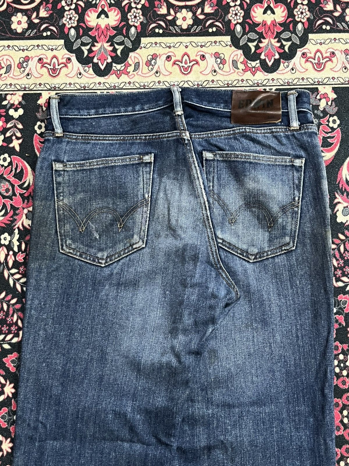 Edwin Edwin 503 Dark Blue Faded Washed Repaired Knee Straight Jean Size US 31 - 7 Thumbnail