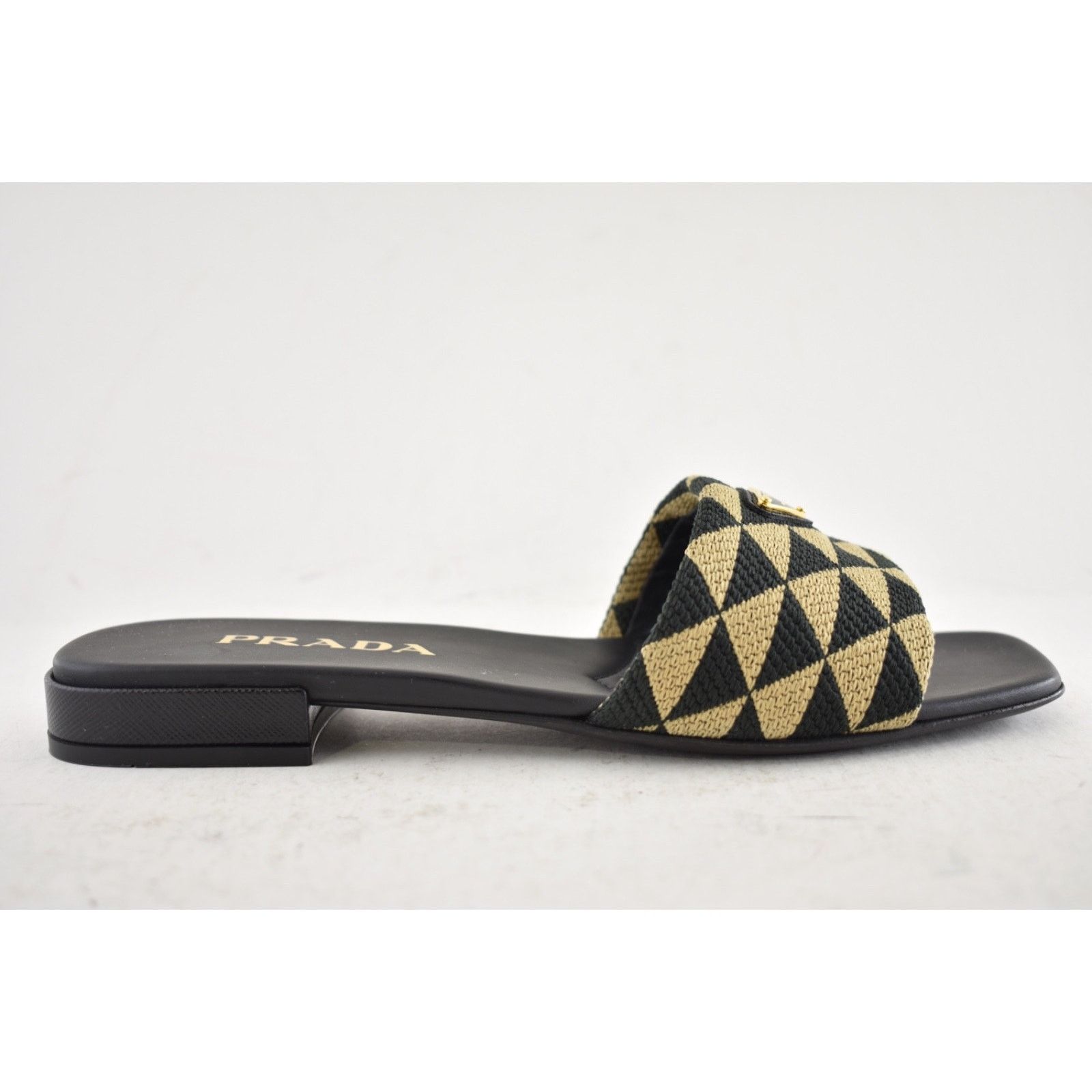 Prada Prada Jacquard Triangle Logo Black Beige Tan Leather Slide Size US 7.5 / IT 37.5 - 2 Thumbnail