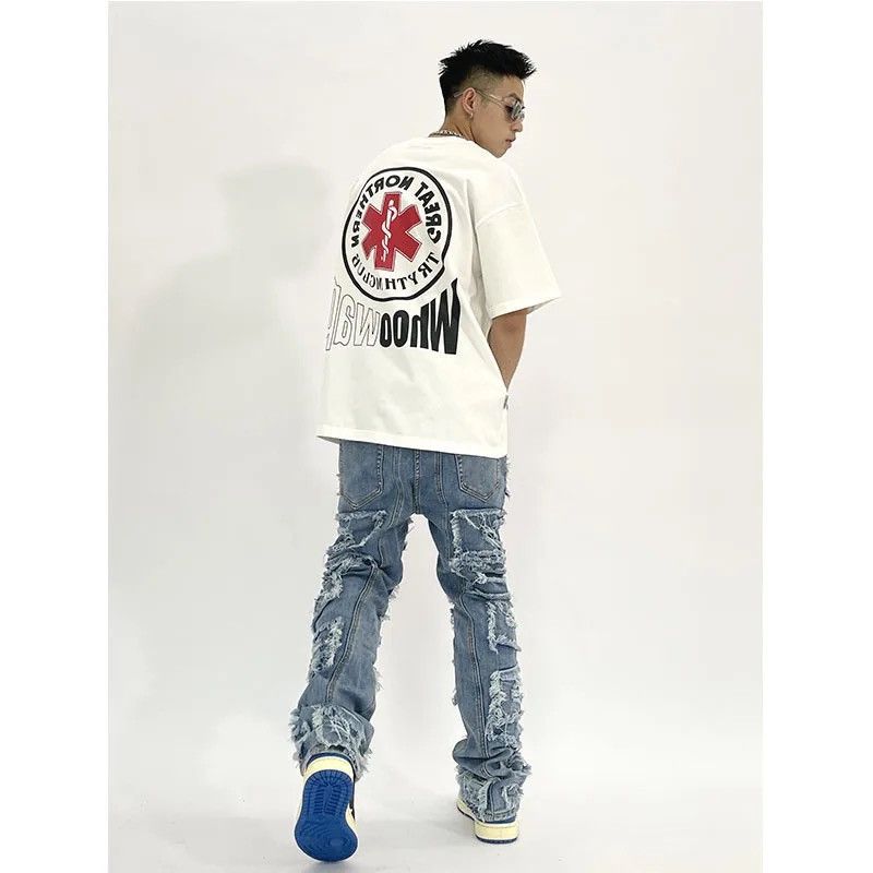 Japanese Brand Streetwear Ripped Hole Baggy Harajuku Men Denim Size US 33 - 3 Thumbnail