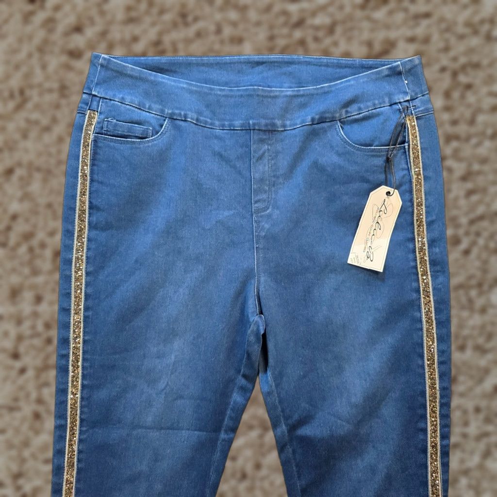 Vintage Lulu B Jeans Womens Size 16 Blue Skinny Pull On Glitter Stripe Stretch Pockets Jeans Shirt? Size 38" / US 16 / IT 52 - 1 Thumbnail