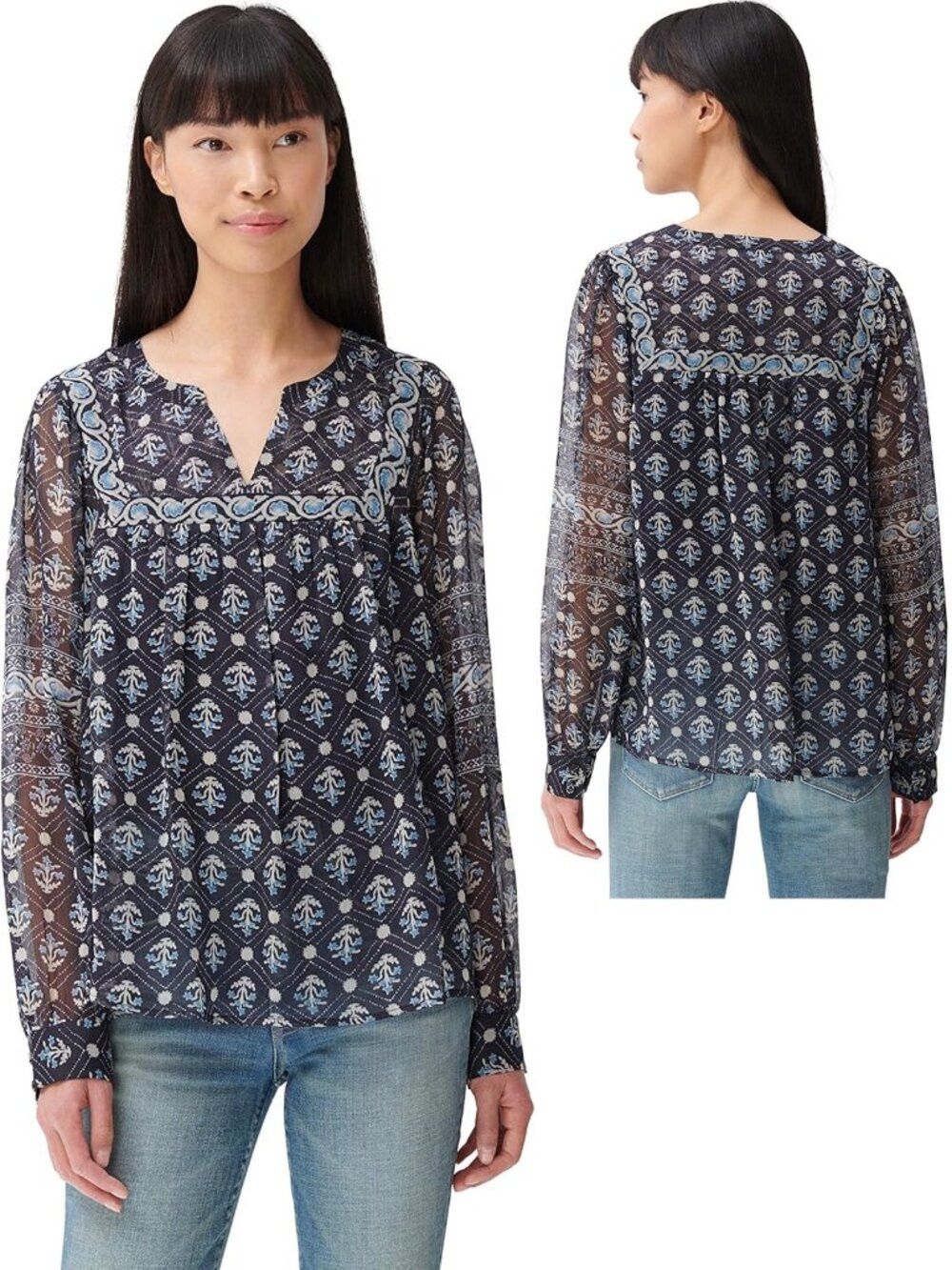 Lucky Brand NWT New $89 Lucky Brand Long Sleeves Notch Neck Border Prin Size L / US 10 / IT 46 - 1 Thumbnail