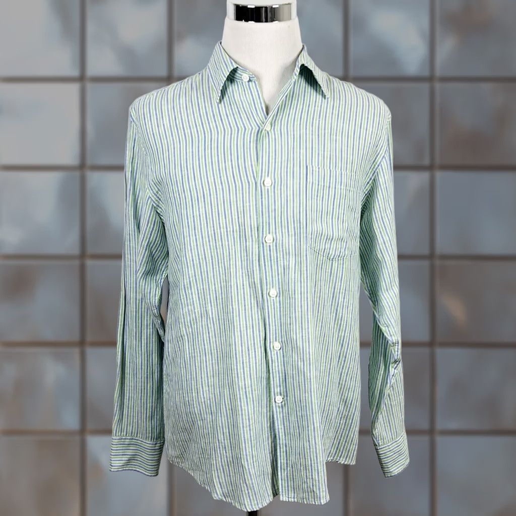 Izod IZOD Shirt Green Blue Striped Long Sleeve Button Front Medium Island Linen Blend Mens Size US M / EU 48-50 / 2 - 1 Thumbnail