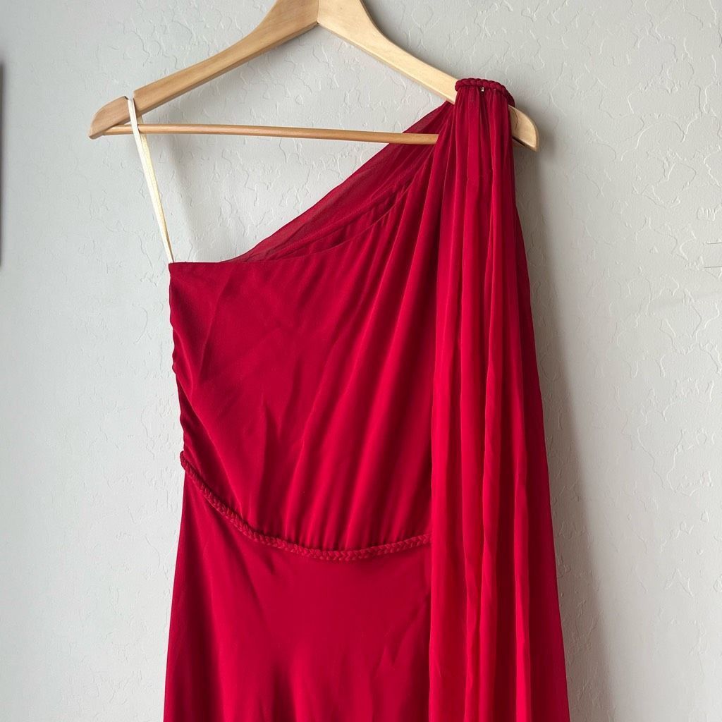 Naeem Khan Naeem Khan Red 100% Silk Draped One-Shoulder Braided Waist C Size S / US 4 / IT 40 - 3 Thumbnail