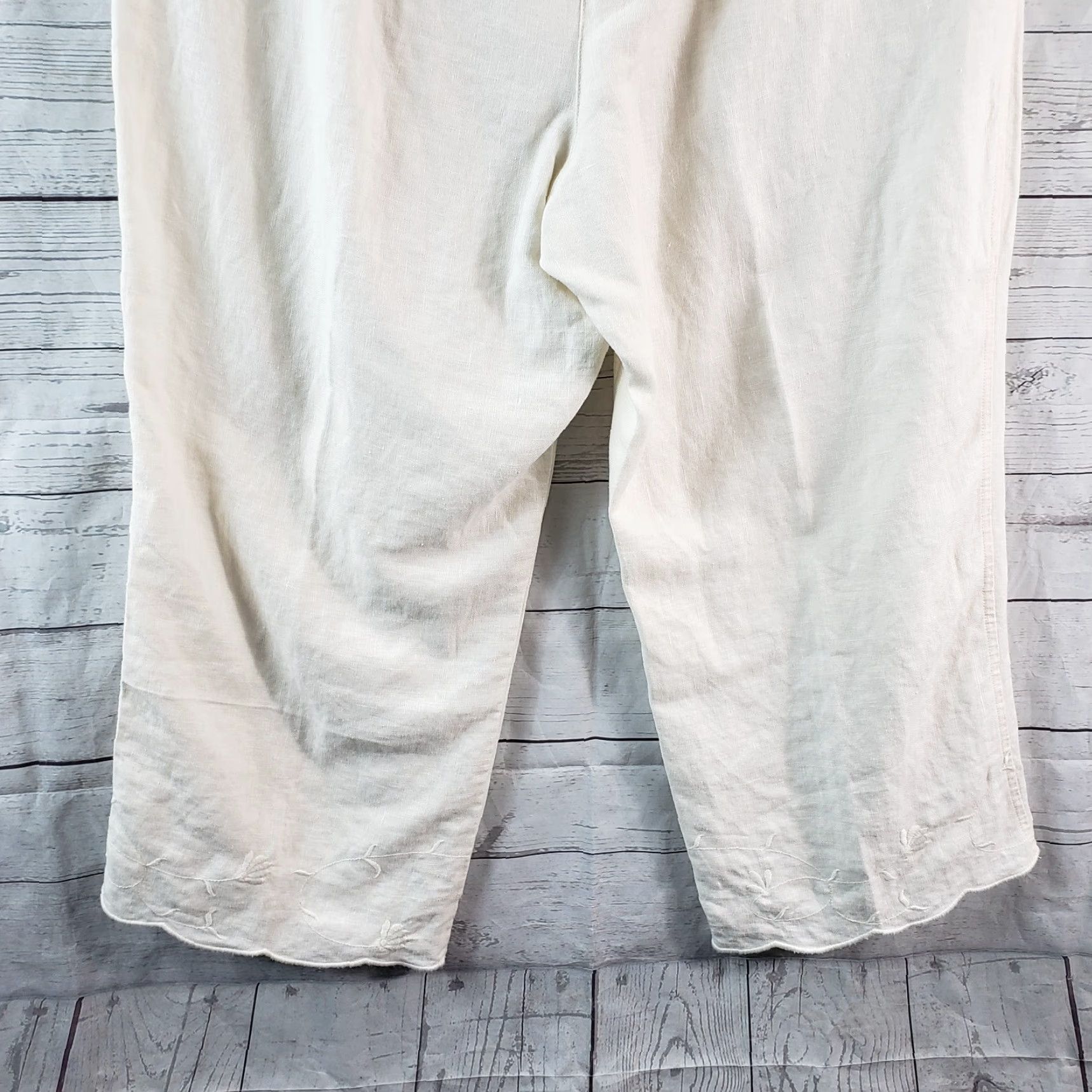 J. Jill J. Jill Womens Cropped Linen Pants Sz Large Petite Ivory Embroidered Hem Pants ShirtN/A Size 36" / US 14 / IT 50 - 6 Thumbnail