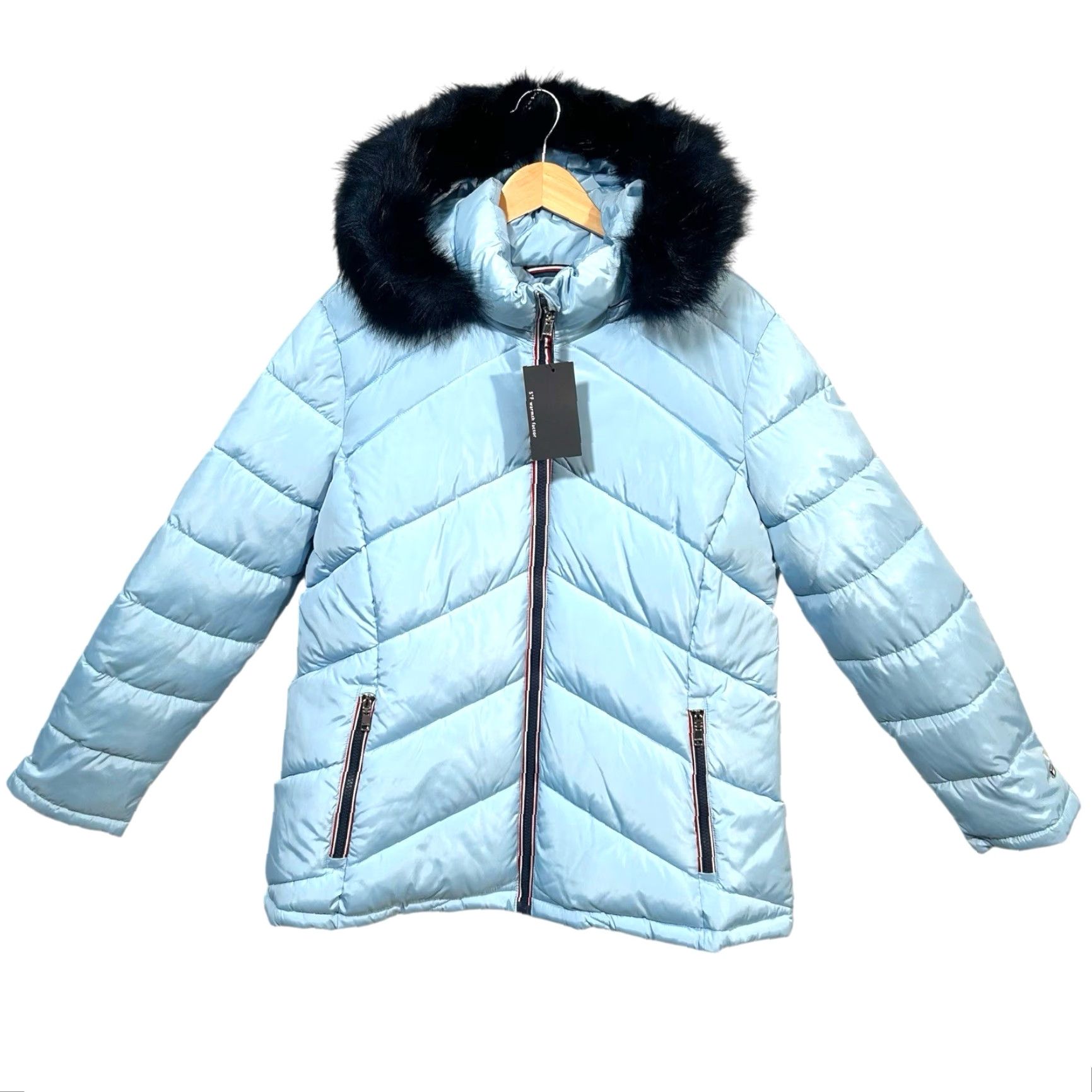 Tommy Hilfiger Tommy Hilfiger Women’s Fur Hood Puffer Jacket XS XL Light Blue Cerulean Cinched Waist Zip Pockets Quilted Winter Coat Mens Womens Girls Boys Size XL / US 12-14 / IT 48-50 - 3 Thumbnail