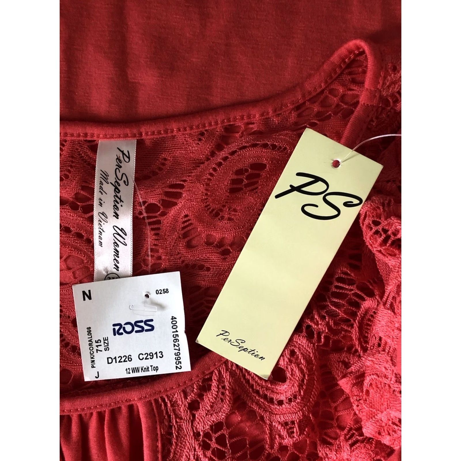 Vintage Per Seption Blouse Shirt Coral Short Sleeve Keyhole Neck 3X Lace Knit Polyester Blend Women’s NWT Size XXL / US 16-18 / IT 52-54 - 4 Thumbnail