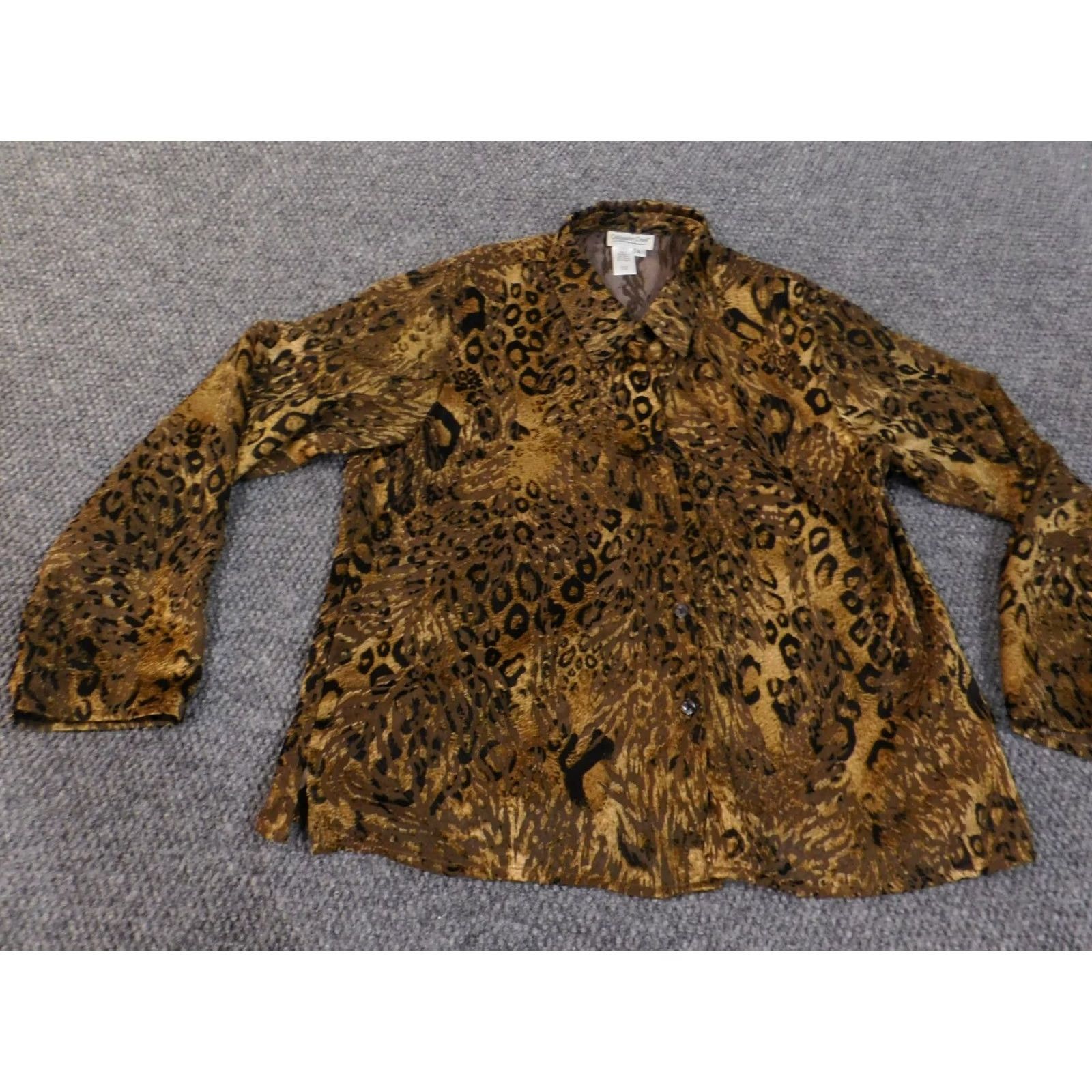 Coldwater Creek Coldwater Creek Shirt Womens L Brown Animal Print Button-Up Knit Polyester Viscose Ruffle Casual Size L / US 10 / IT 46 - 3 Thumbnail