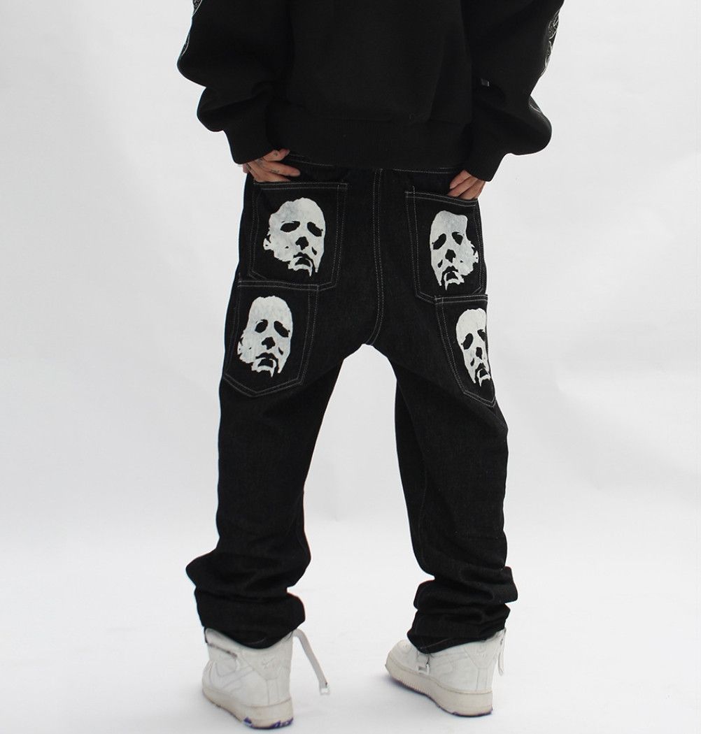 Black face print washed straight jeans