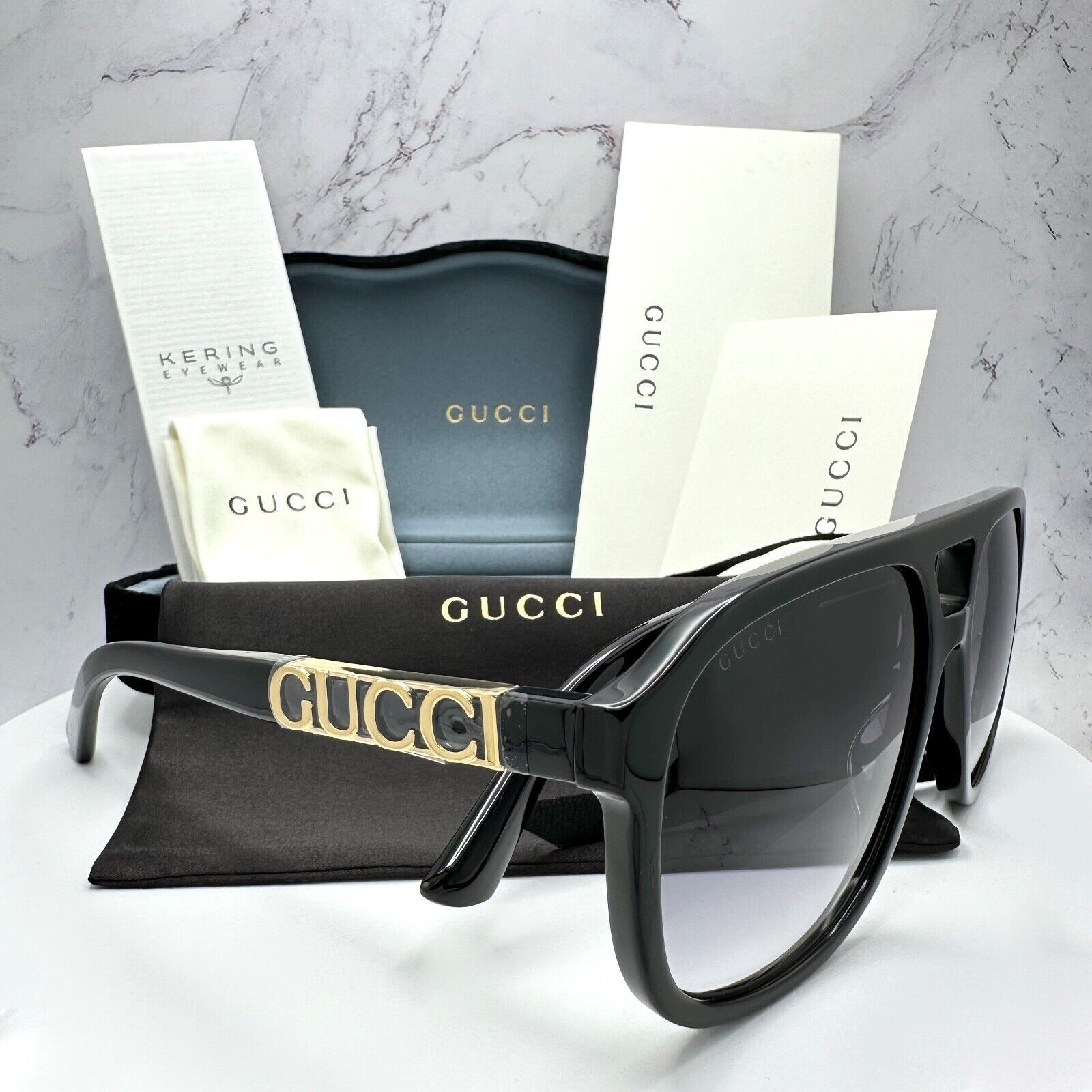 image of Gucci Black Sunglasses Gold Spelled Out Letter Logo Aviator, Men's