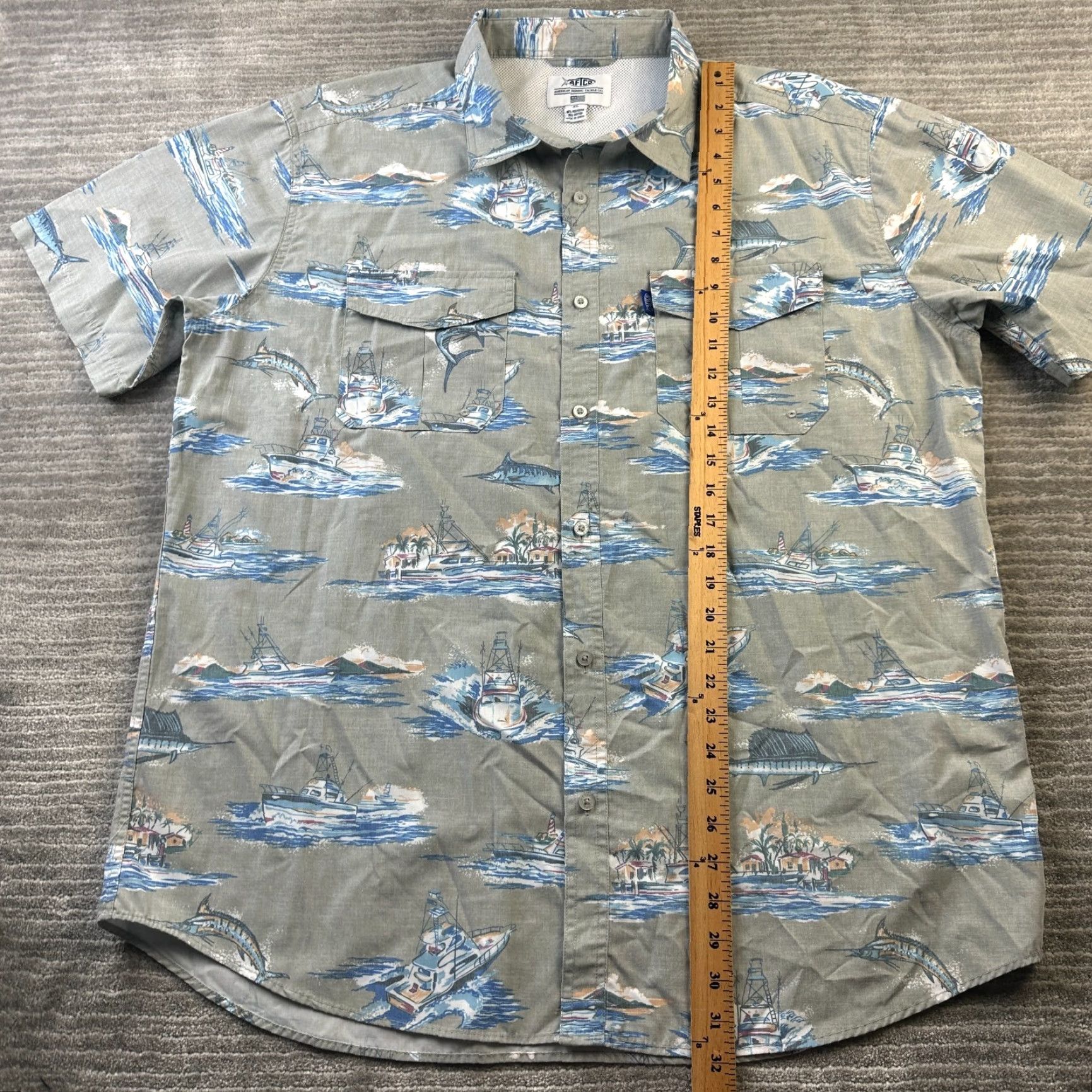 Vintage AFTCO Shirt Mens XL Gray Button-Up Vented Outdoor Breathable Pockets Short Sleeve Cotton Polyester Marlin Fishing Casual Formal Vintage No Size US XL / EU 56 / 4 - 8 Thumbnail