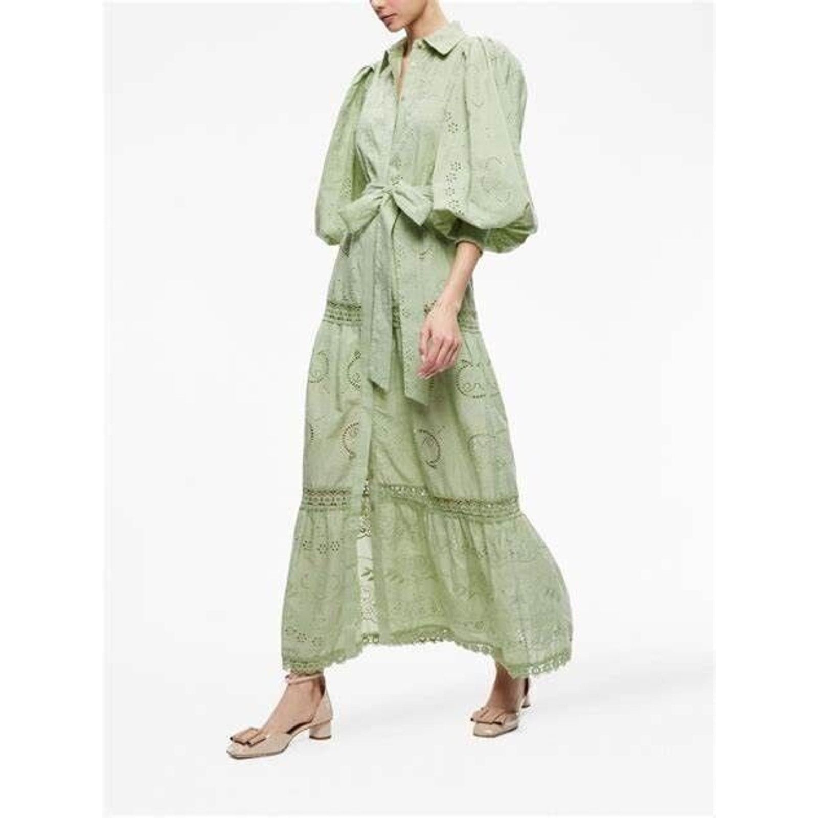 Alice + Olivia ALICE + OLIVIA LILLY EYELET COTTON DRESS BELTED GREEN SZ 2 Size XS / US 0-2 / IT 36-38 - 3 Thumbnail