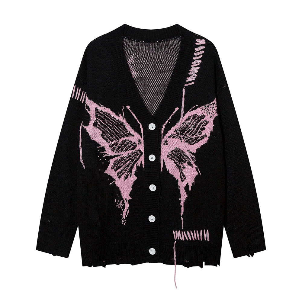 image of Cardigan x Coloured Cable Knit Sweater Butterfly Graphic Black Knit Sweater, Men's (Size Medium)