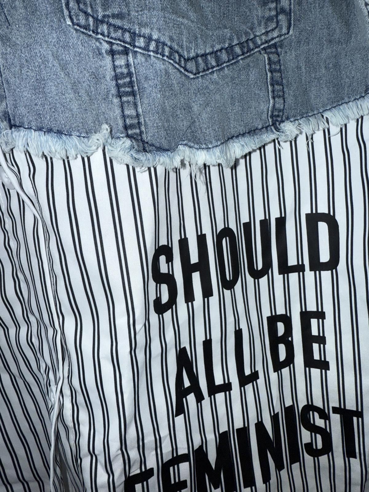 Designer Unique Denim and Stripe Shirt - Feminist Message Size XL / US 12-14 / IT 48-50 - 3 Thumbnail