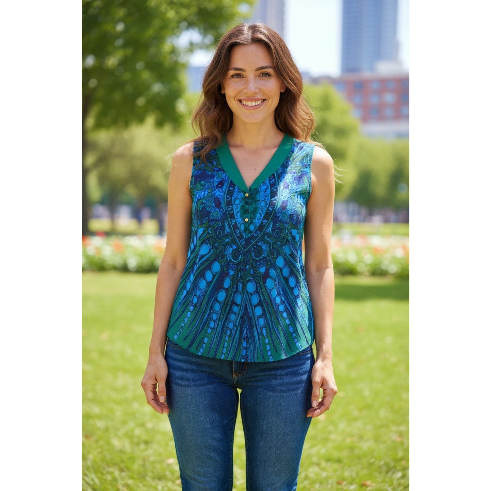 Elie Tahari Elie Tahari Women’s XS Sleeveless Blouse Teal Baroque Size XS / US 0-2 / IT 36-38 - 1 Thumbnail