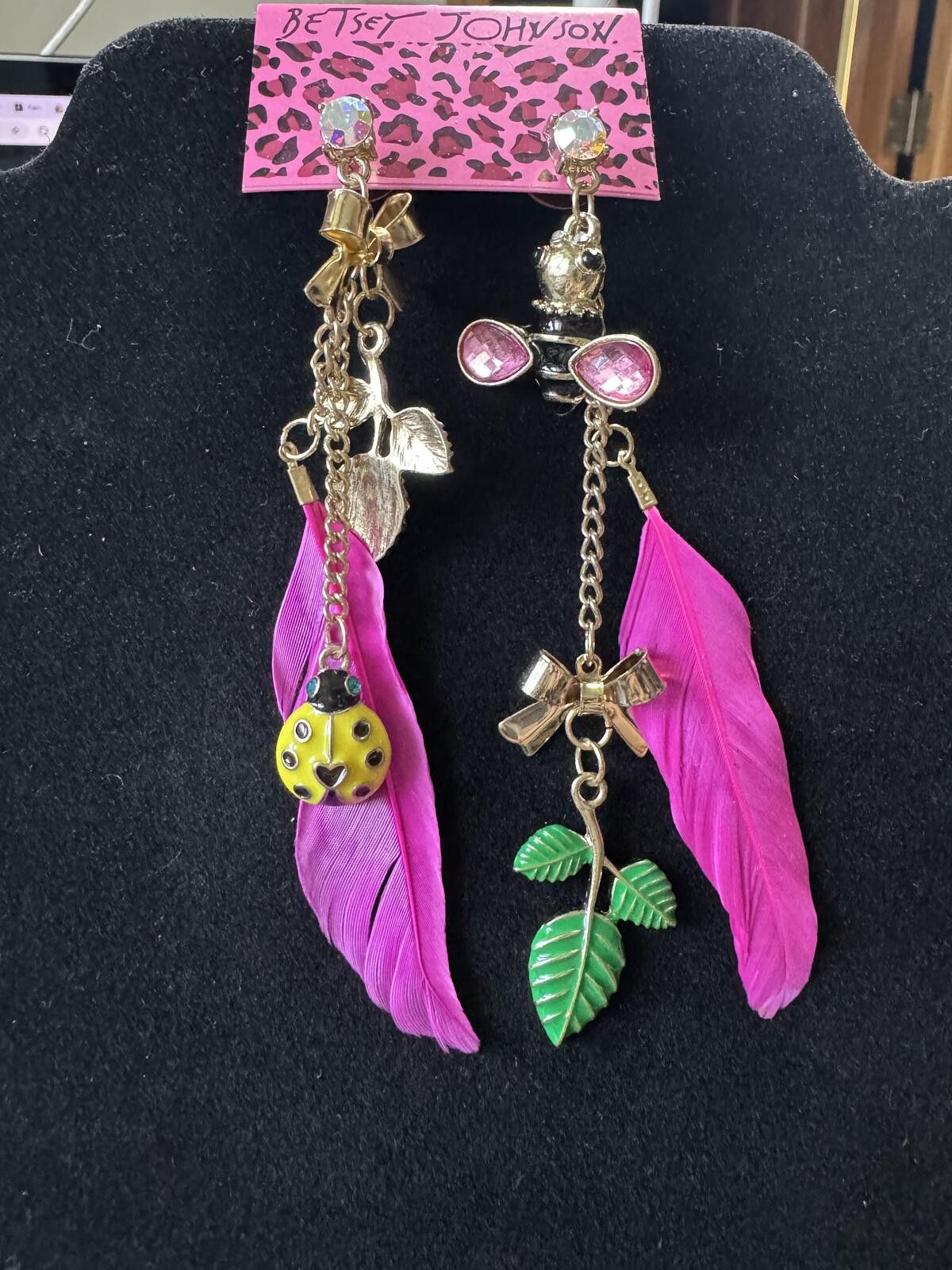 Other Betsey Johnson Pink Feather Dangle Earrings with Charms Size ONE SIZE - 1 Preview