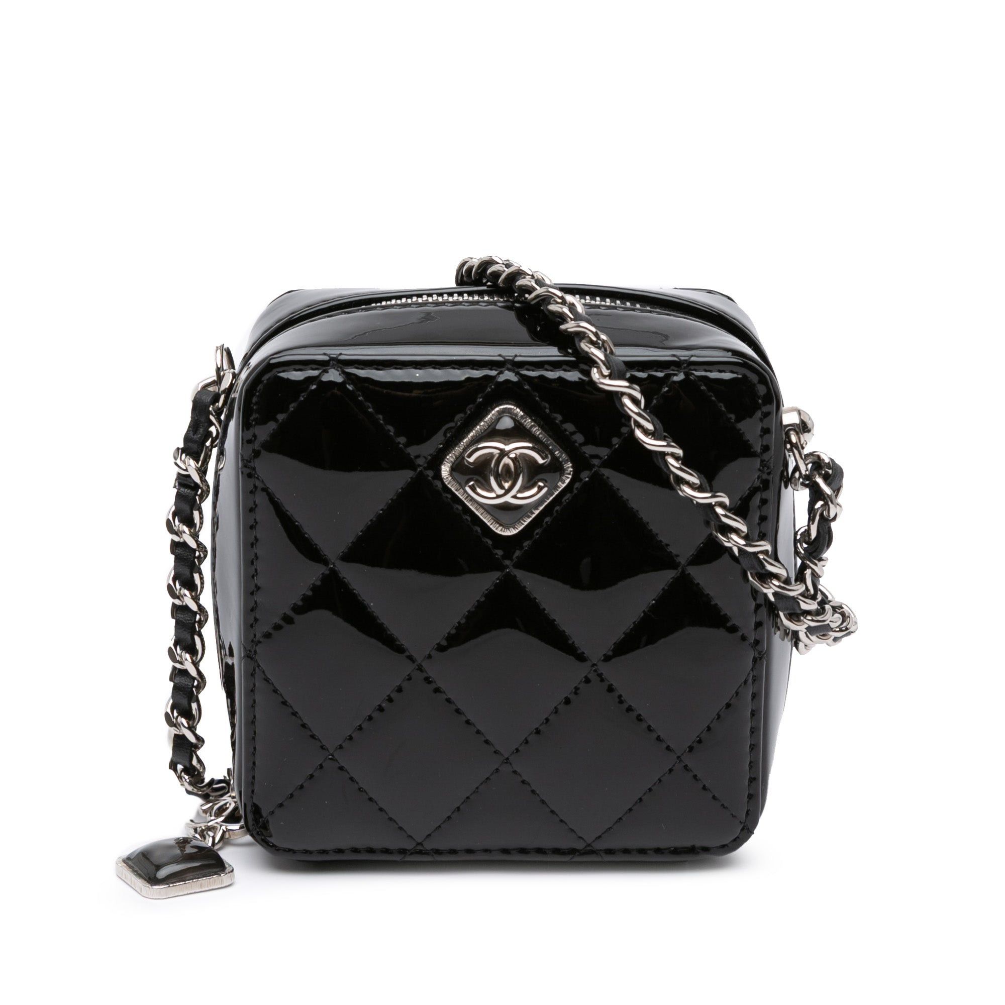 Chanel Black Cc Quilted Patent Diamond Resin Clutch With Chain Crossbody Bag, Women's