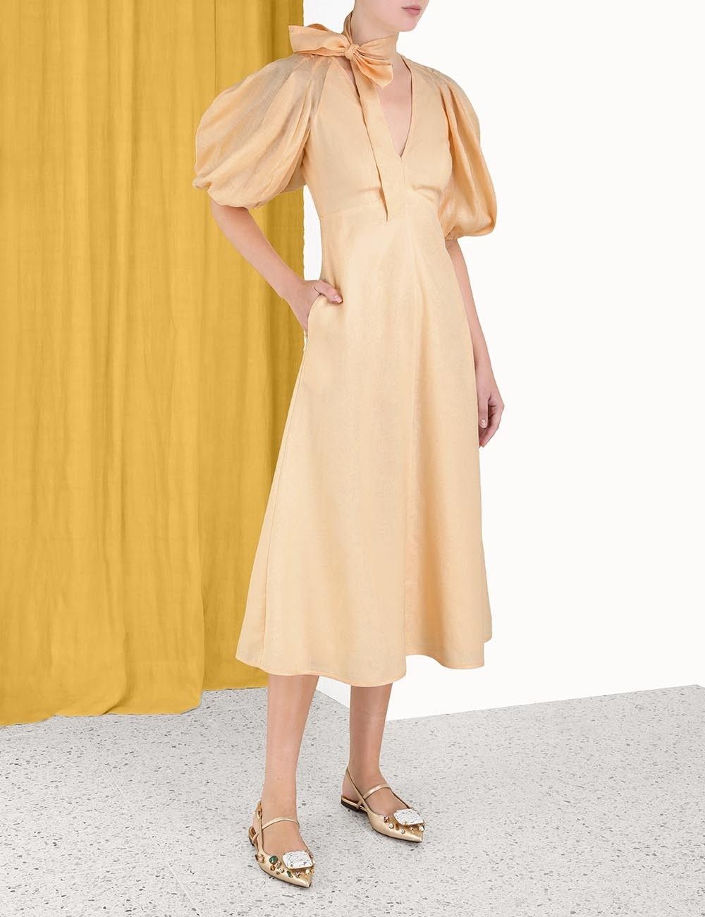 Zimmermann oc11z0425 Tie Neck Midi Dress in Butter Size S / US 4 / IT 40 - 3 Thumbnail