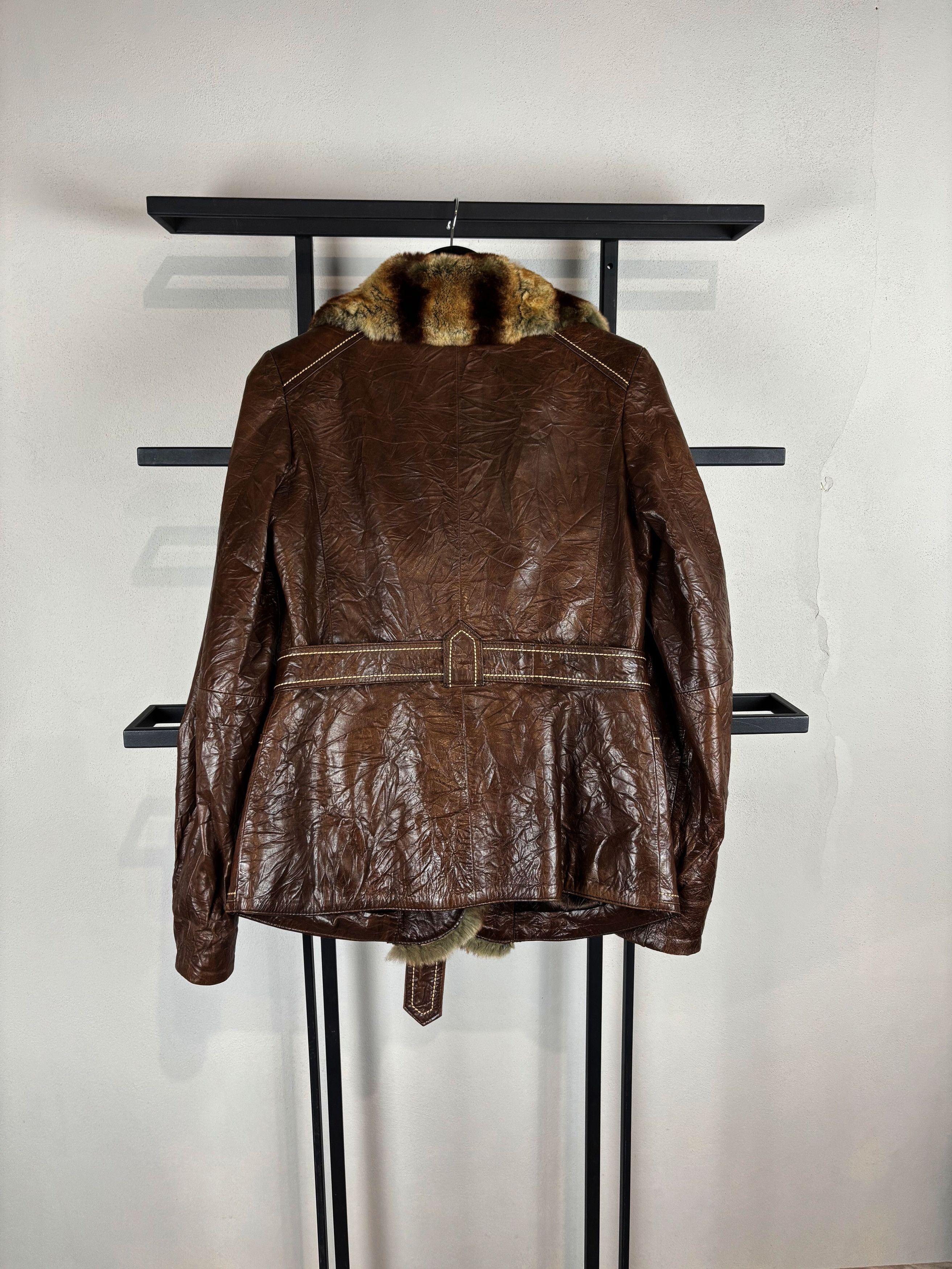 Japanese Brand Vintage Brown Leather Jacket Fur Collar Belted 90s Y2K Luxe Size US XS / EU 42 / 0 - 4 Thumbnail