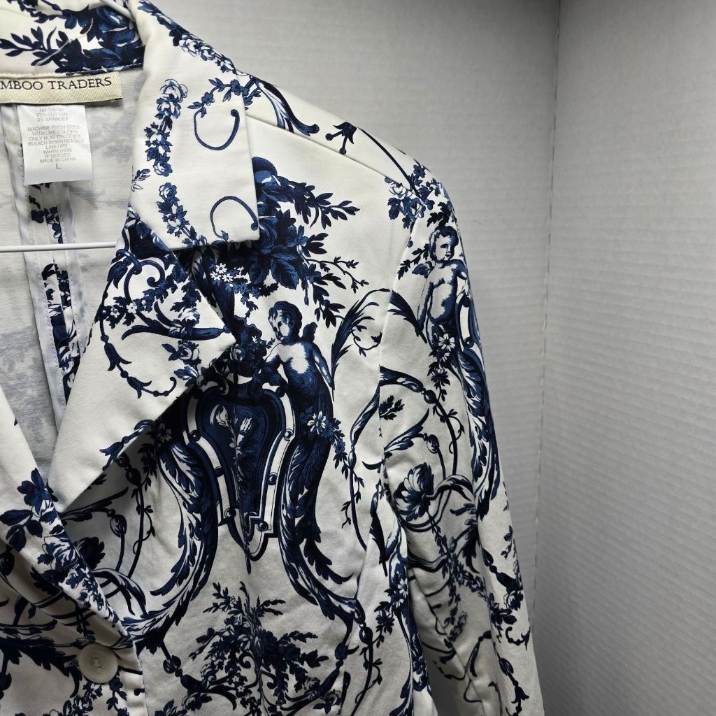 The Unbranded Brand Women's Bamboo Traders White Blue Floral Blazer L Size L / US 10 / IT 46 - 6 Thumbnail