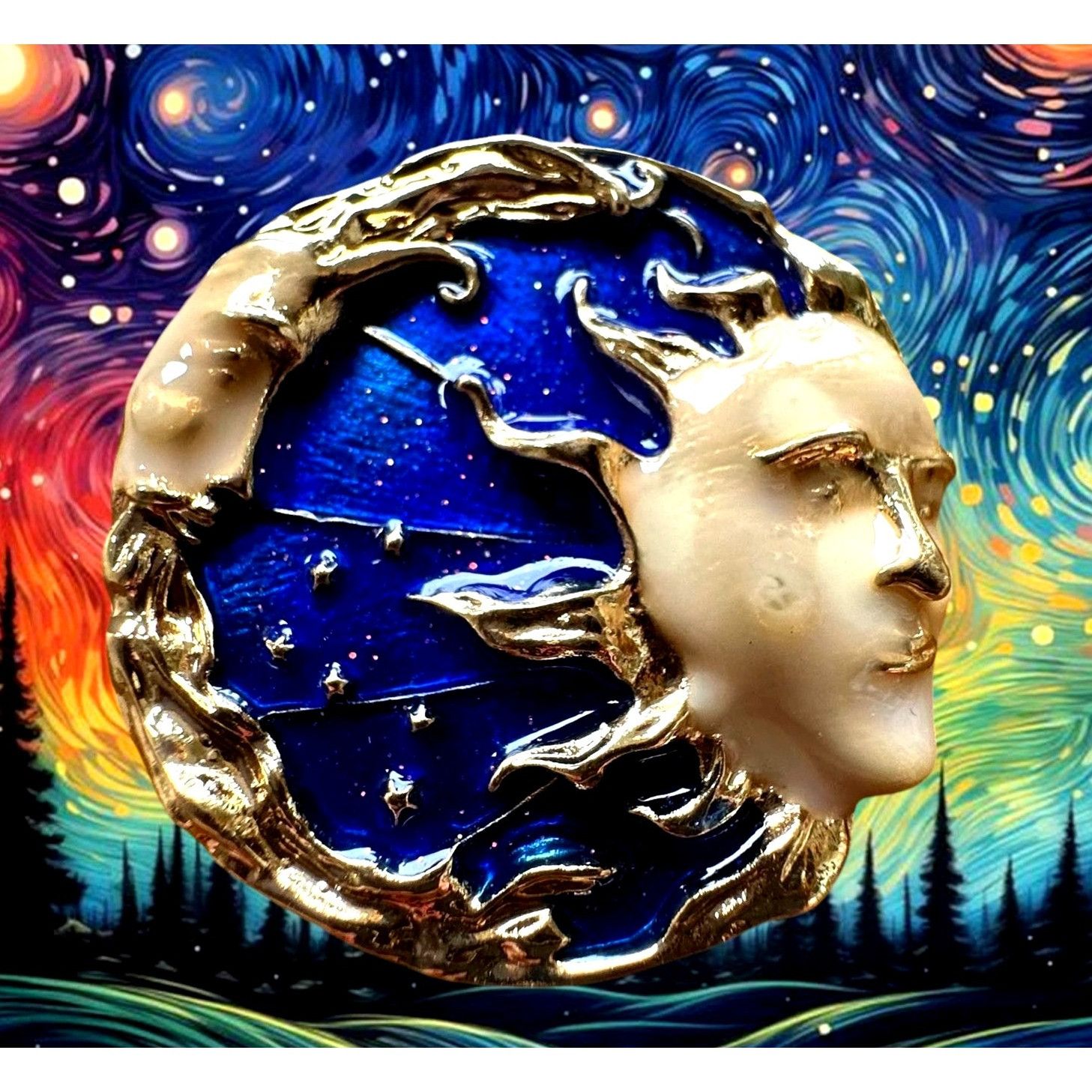 Handmade Celestial Moon Sun Brooch Pin New Gold Navy Yours is the Lig Size ONE SIZE - 1 Thumbnail