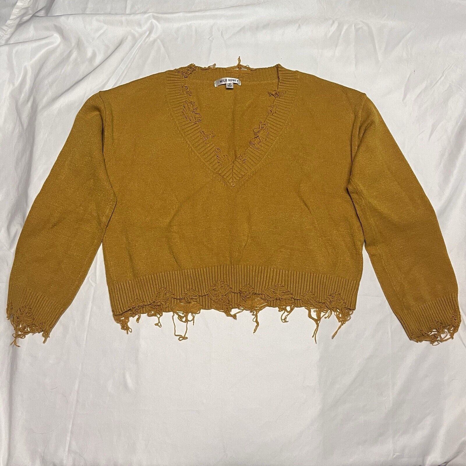 Other Wild Honey Womens Cropped Sweater Mustard V-Neck Distressed Size M / US 6-8 / IT 42-44 - 1 Thumbnail