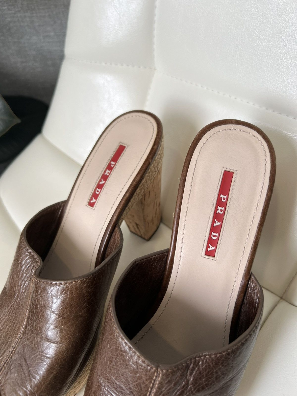 Prada Prada Leather Platform Mules Cork Heels Woven Trim Sandals Size US 8 / IT 38 - 21 Thumbnail