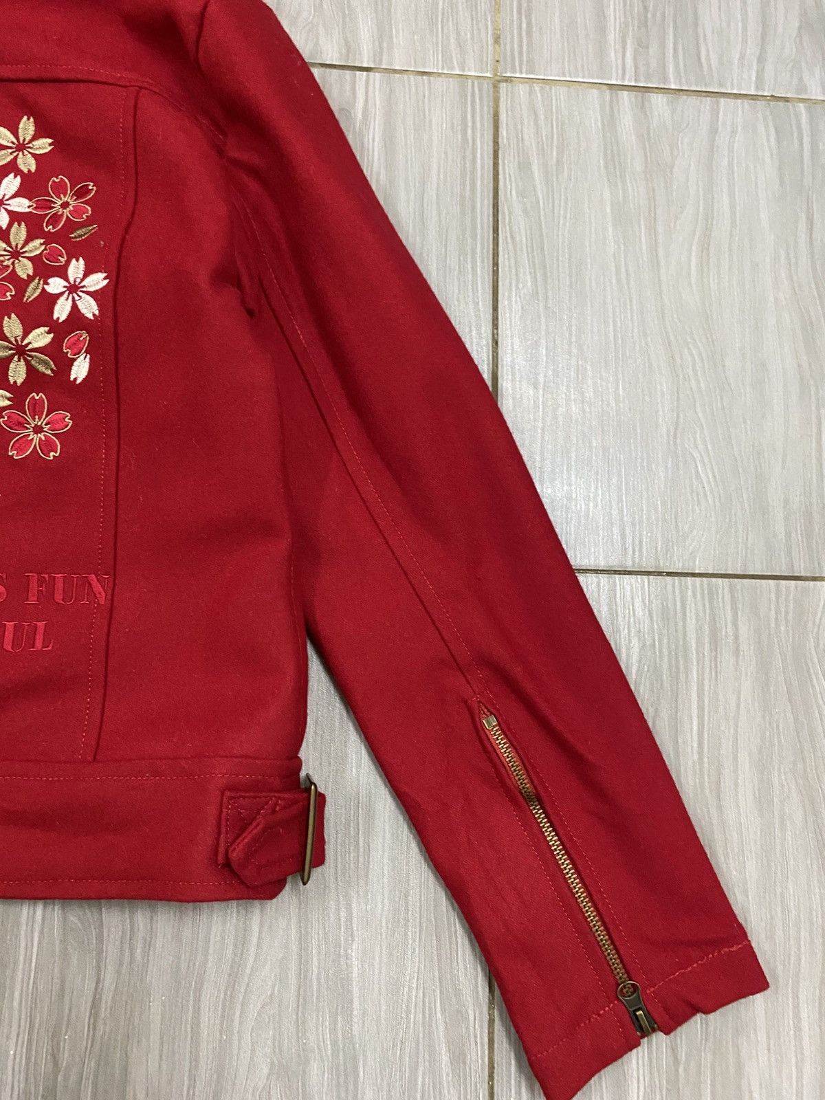 Japanese Brand Japanese Sakura Embroidery Wool Biker Jacket - Red Size US S / EU 44-46 / 1 - 6 Thumbnail