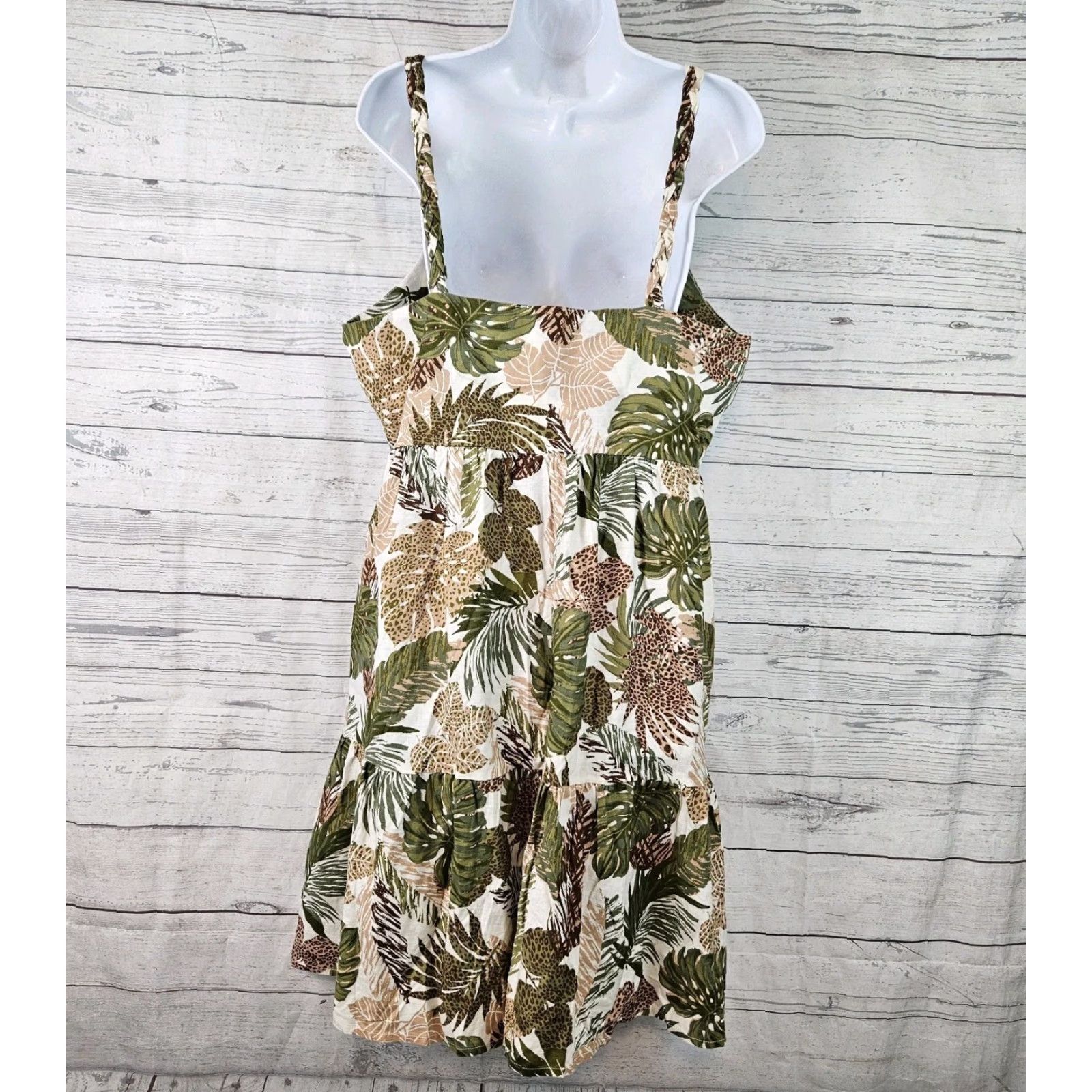 Vintage Beach Lunch Lounge Dress Womens XL Green Brown Leaf Animal Print Cotton Linen Sundress Sleeveless Pullover Knee Length Spring Summer Casual Womens Size XL / US 12-14 / IT 48-50 - 3 Thumbnail