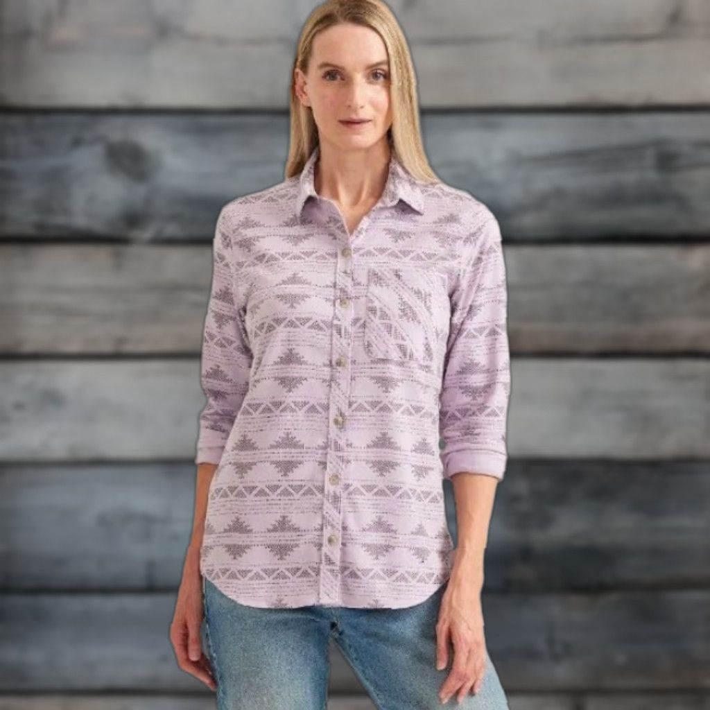 NWT Eddie Bauer Women's Field Flex Flannel Shirt Small Light Violet Aztec Plaid Button-Up Casual Travel Workwear Womens Small Violet Shirt