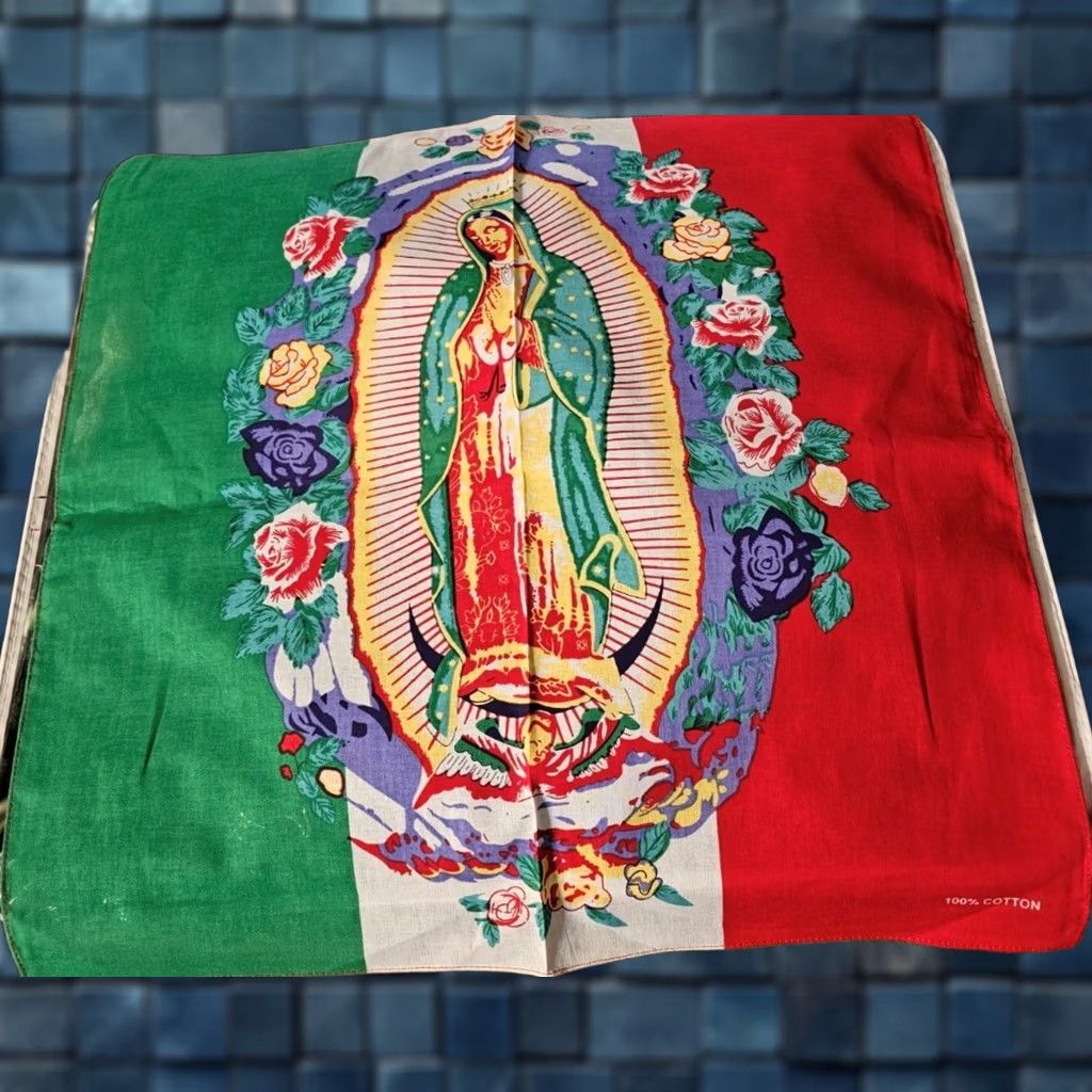 Vintage BANDANA GUADALUPE MEXICAN FLAG VIRGIN MARY FLOWER ROSE ( SET OF 3 ) Size ONE SIZE - 1 Thumbnail