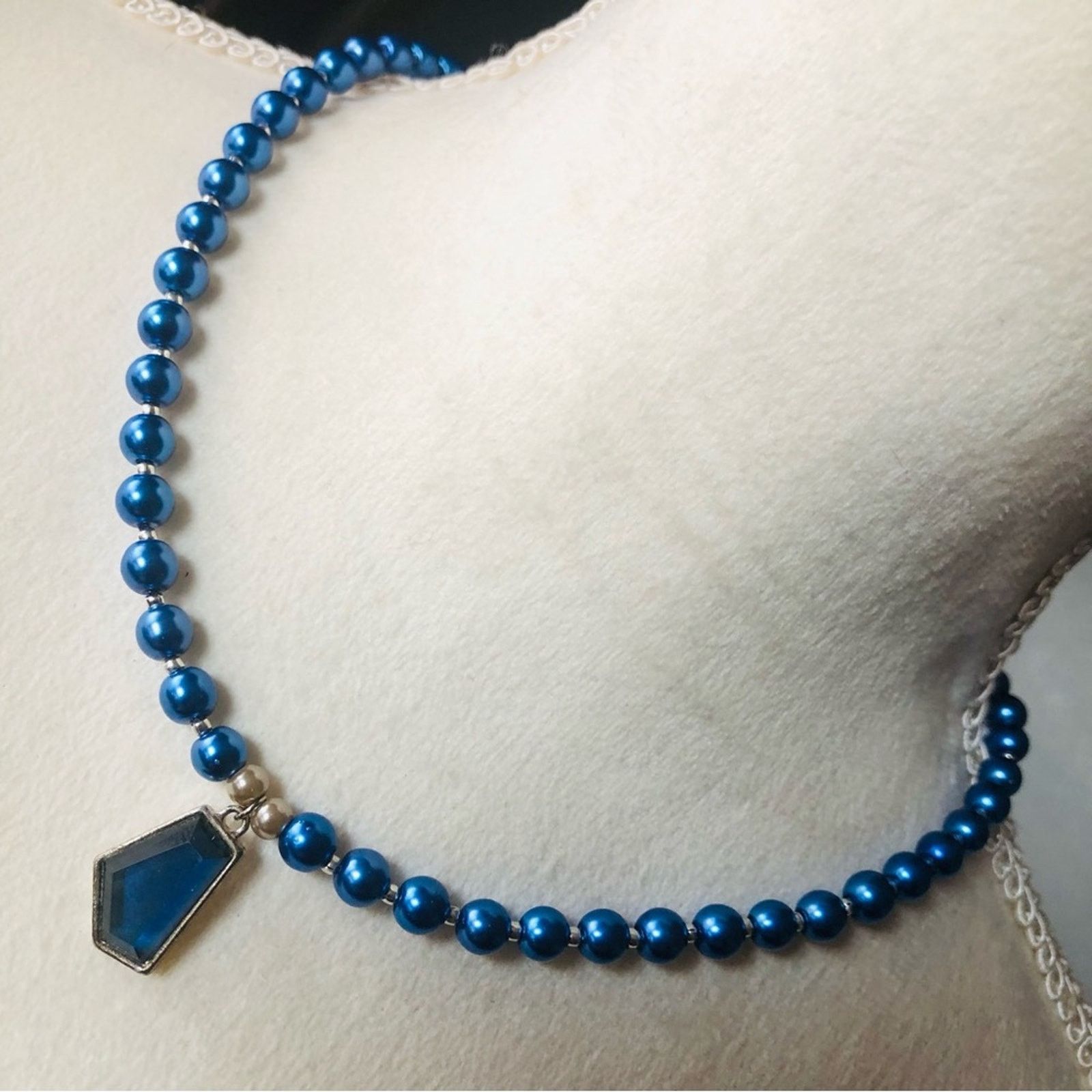 Handcrafted repurpose blue geometric glass Pearl necklace
