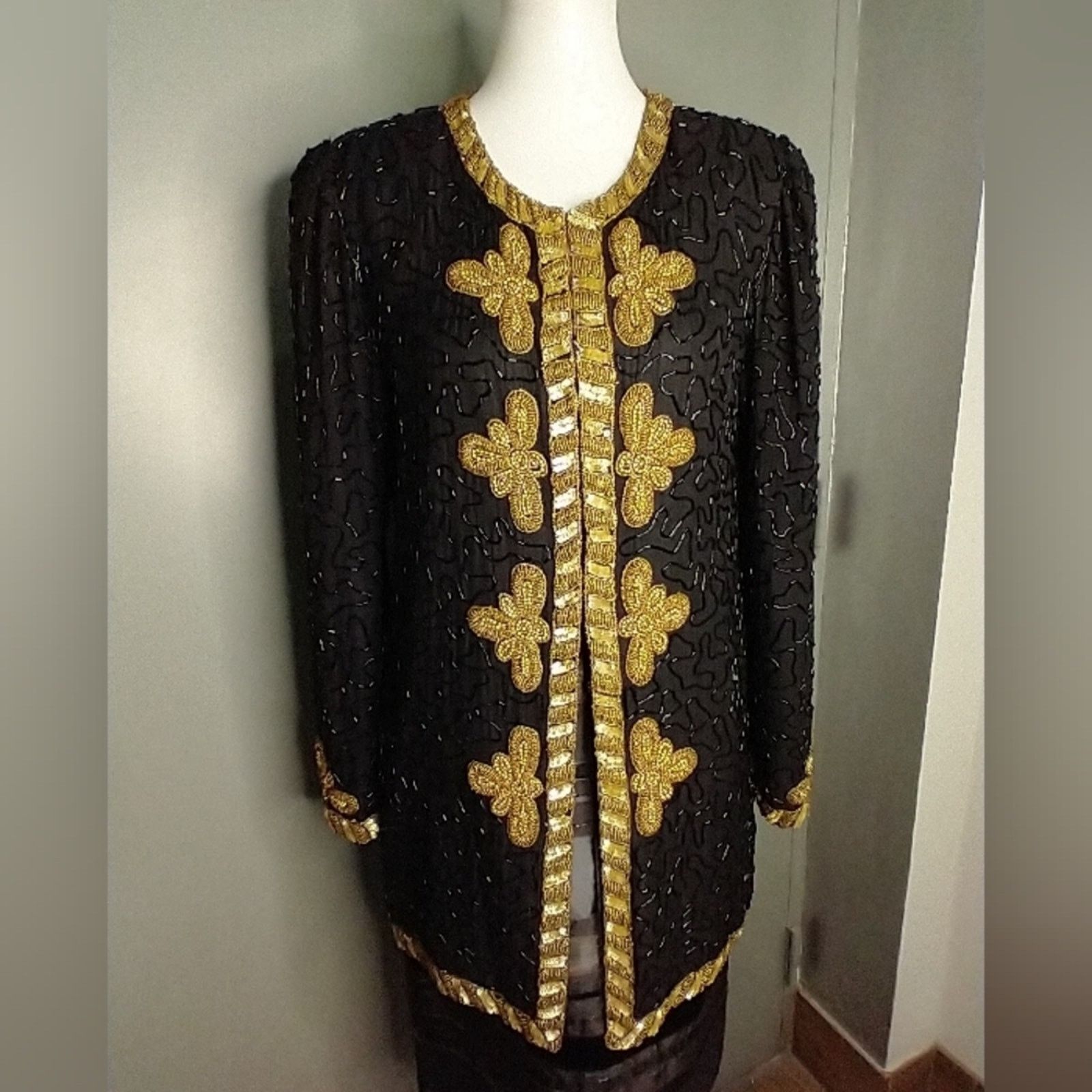 Vintage KAZAR BEADED sequin gold black silk long EVENING JACKET coat Size S / US 4 / IT 40 - 11 Thumbnail