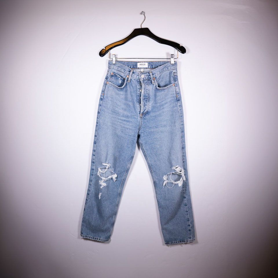 image of Agolde Denim 90's Crop Straight Leg Ankle Distressed in Blue, Women's (Size 23)