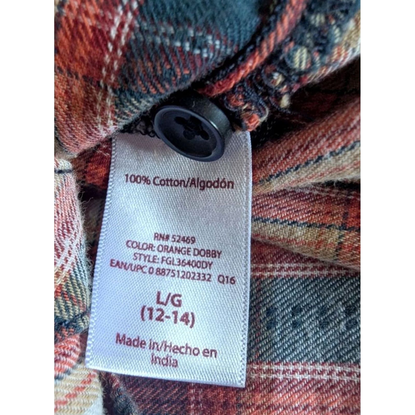 Faded Glory Orange Dobby Plaid Button Front Shirt Womens M 12-14 100% Cotton Southwest Boho Shirt Size M / US 6-8 / IT 42-44 - 5 Thumbnail