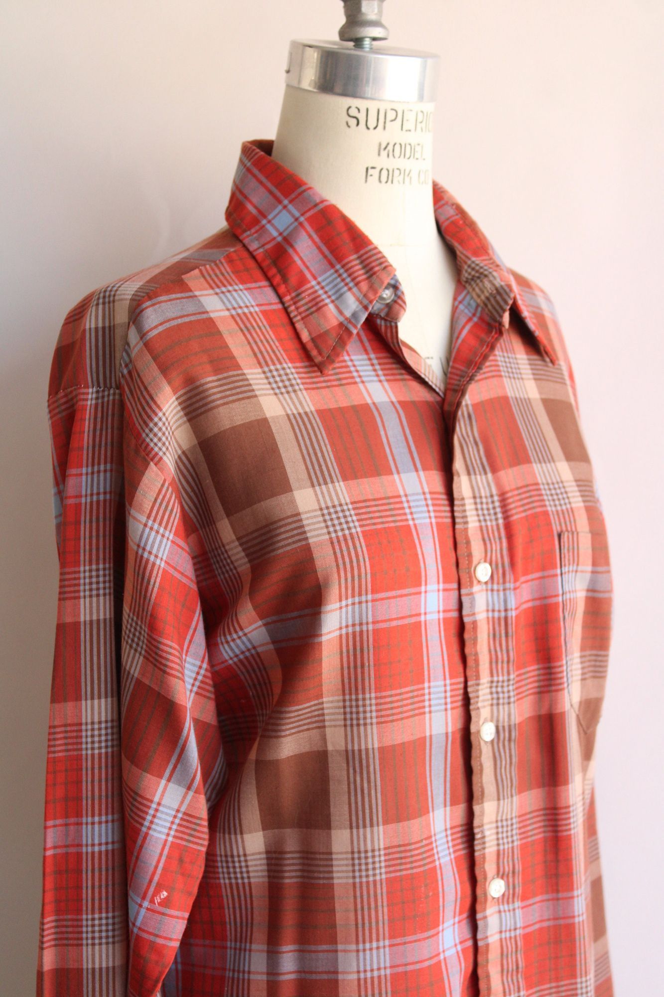 Vintage Vintage 1970s Shirt, Viking Dagger Collar Orange Plaid Trata Size L / US 10 / IT 46 - 5 Thumbnail