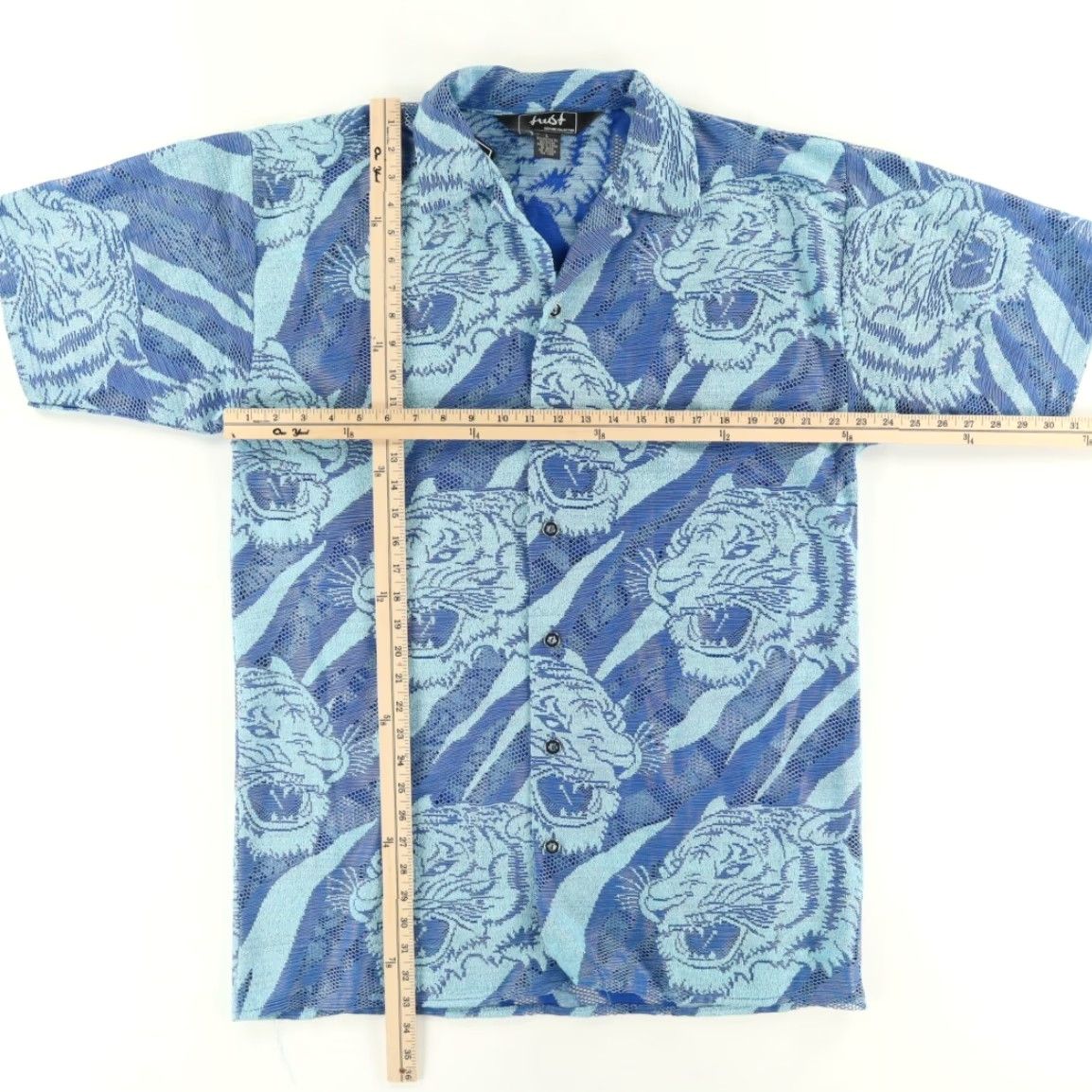 Vintage VINTAGE? Wait—original not vintage. So skip. Title: Trust Couture Tiger Stripe Lace Polyester All Over Print Button Up Shirt Blue Men's L Size US L / EU 52-54 / 3 - 3 Thumbnail
