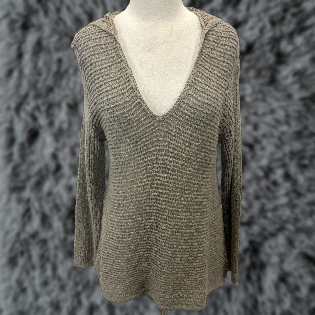 J. Jill J. Jill Open Knit Sweater Women’s Sz Small Hooded Tunic V-Neck Coastal Putty Grey/Tan Cotton Knit Long Sleeve Solid Regular Size S (Pre-owned) Size S / US 4 / IT 40 - 1 Thumbnail