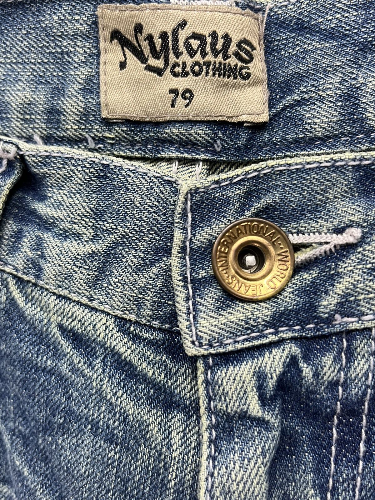 Japanese Brand NYLAUS Punk Whiskered Distressed Glitter Splash FLARE Denim Size US 30 / EU 46 - 11 Thumbnail