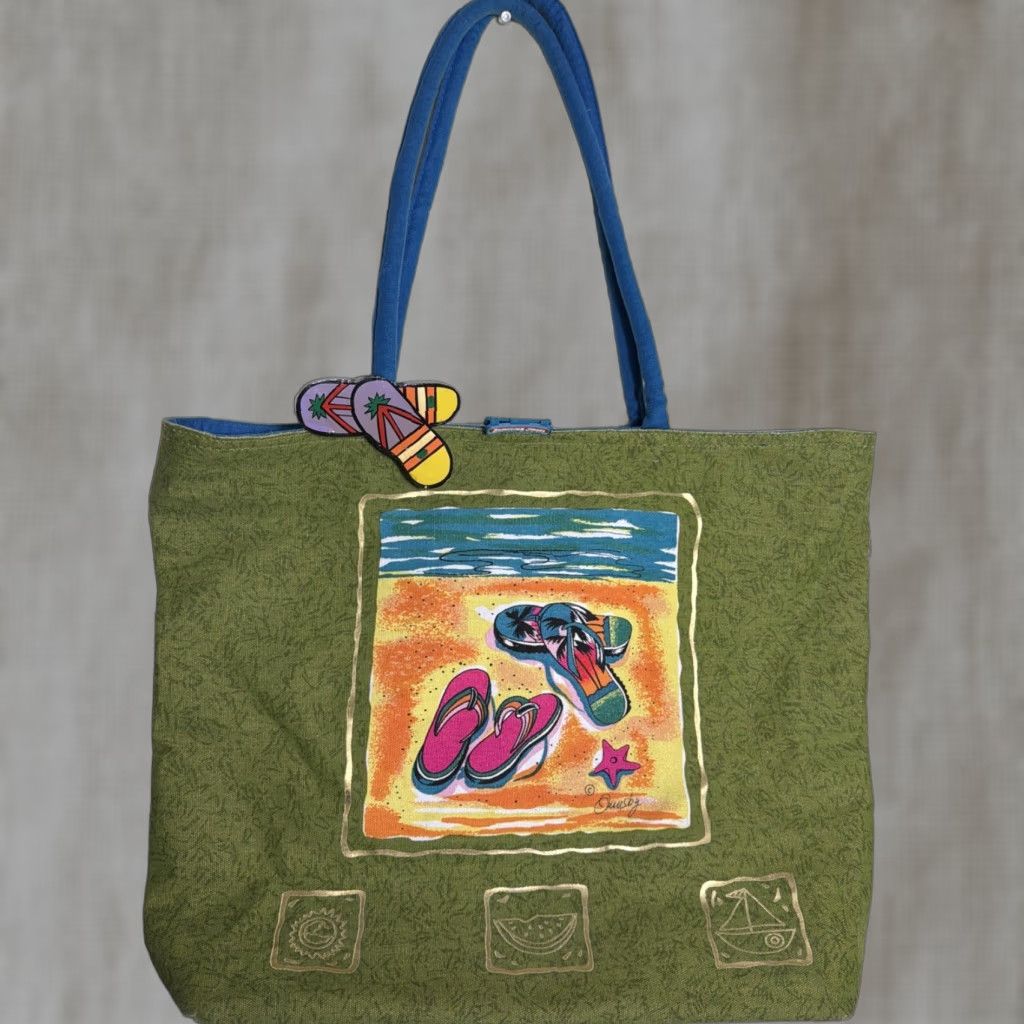 Annex Anne Ormsby Beach Scene Zip Beach Bag Tote Xtra Large Green Boho Size ONE SIZE - 1 Thumbnail