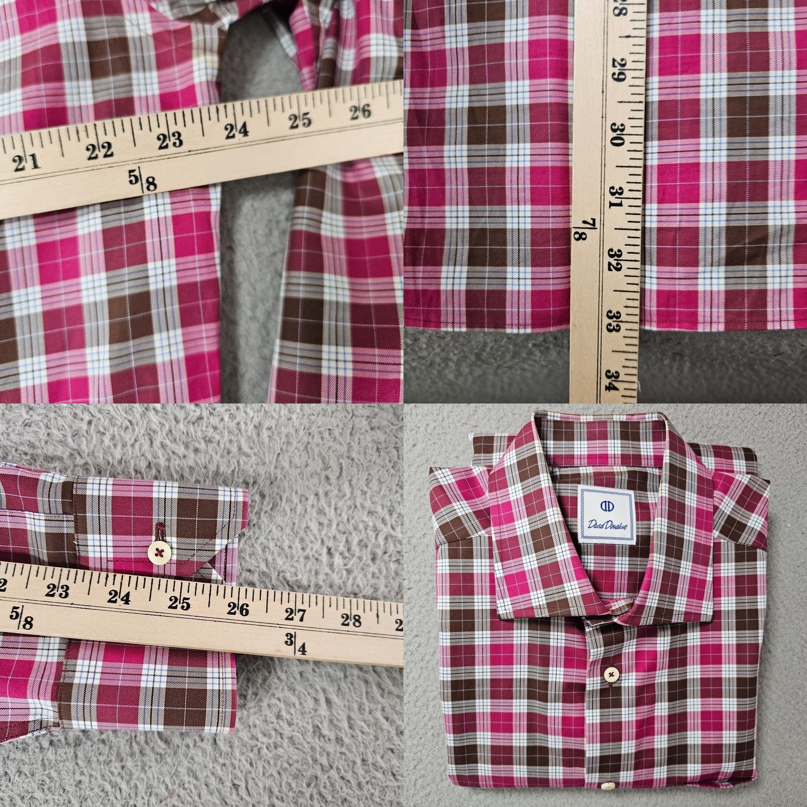 David Donahue David Donahue Dress Shirt Mens Large Brown Pink Check Woven Cotton Long Sleeve Size 42R - 8 Thumbnail