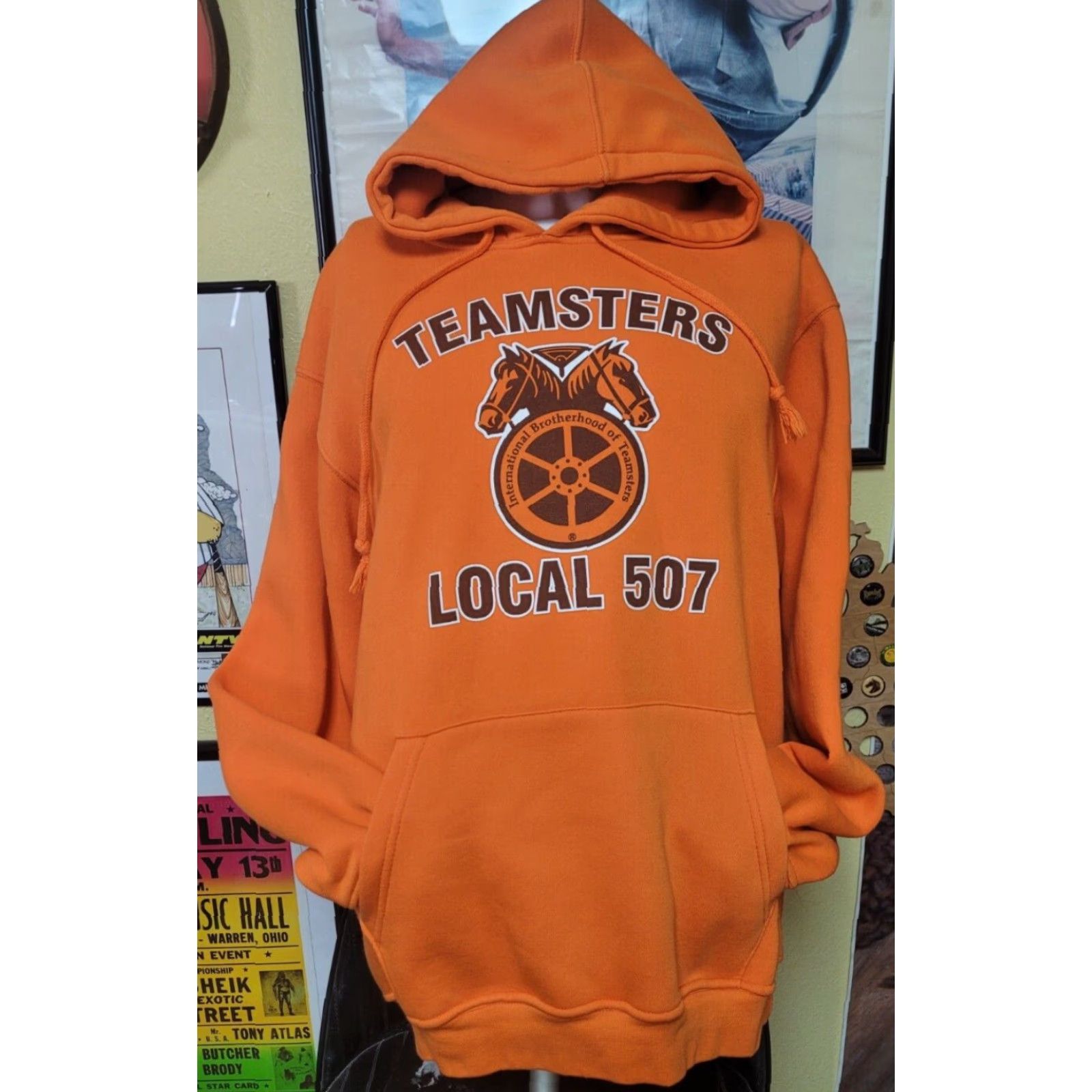 Vintage Teamsters Local 507 Hoodie Mens M Orange Bayside 80% Cotton 20% Polyester Pullover Hooded Sweatshirt Size US M / EU 48-50 / 2 - 2 Thumbnail