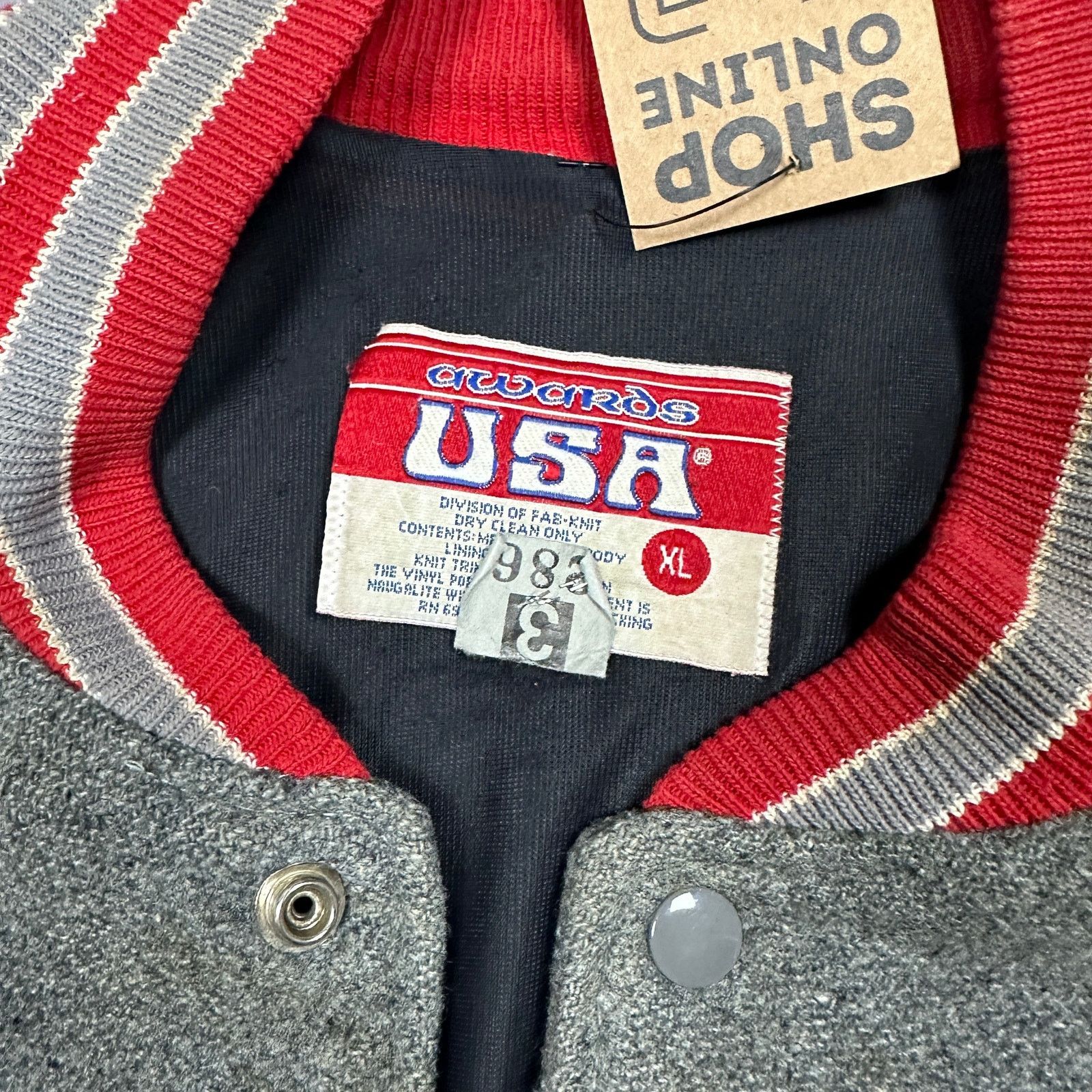 80s Gray Red Tan Indian Head Letterman Varsity Jacket XL X35