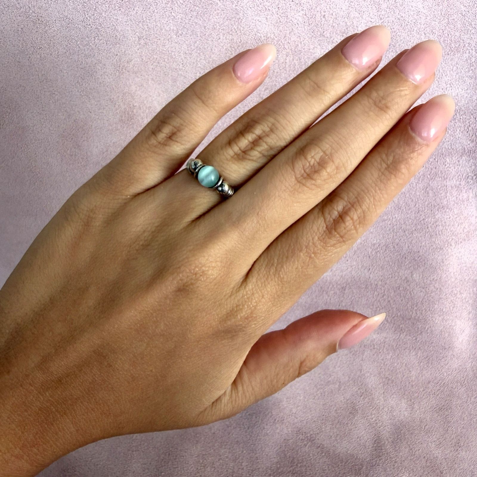 Sterling Silver sterling silver wire wrapped blue cats eye bead ring size 5 Size ONE SIZE - 2 Thumbnail